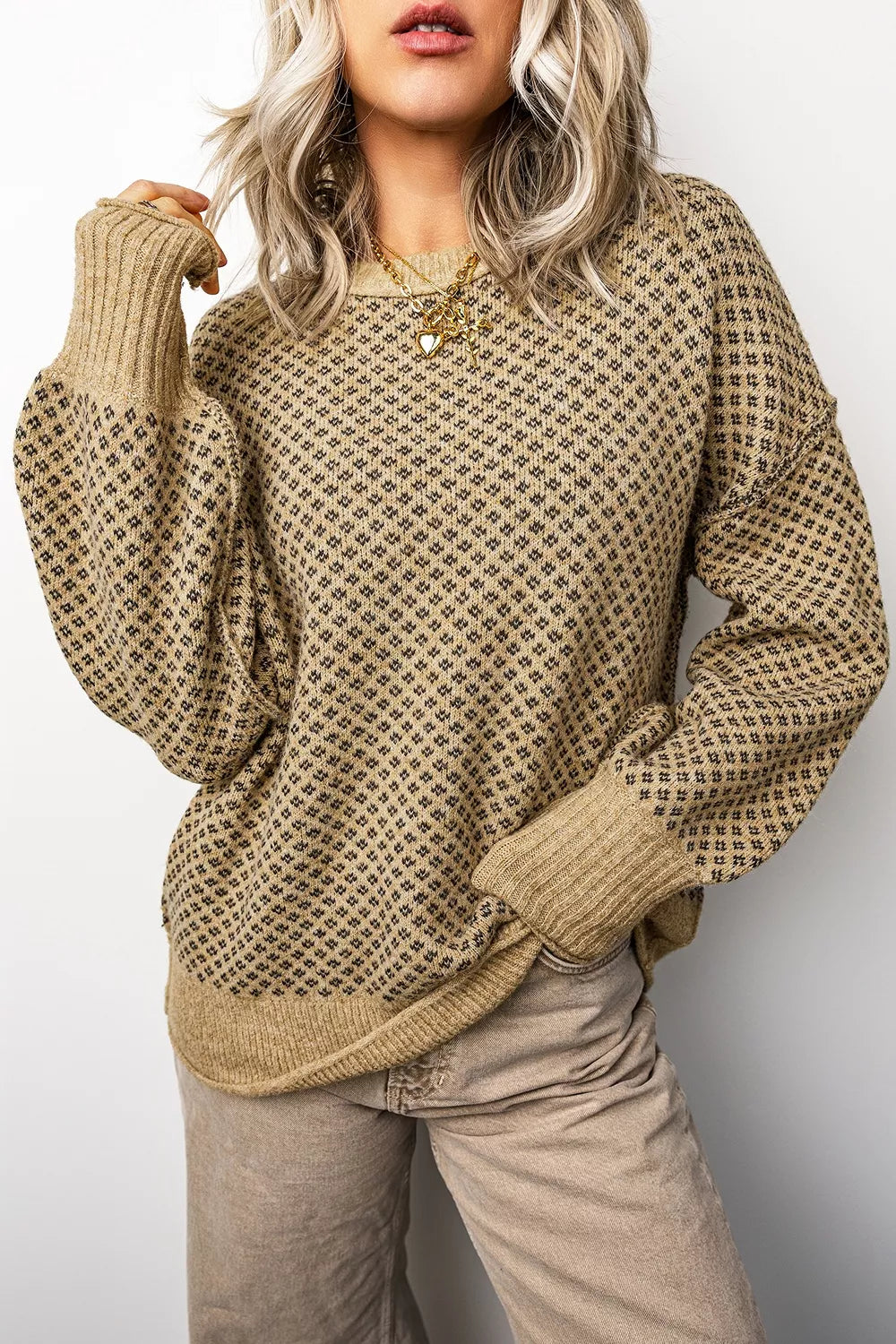 Trendsi Geometric Print Drop Shoulder Round Neck Long Sleeve Sweater -