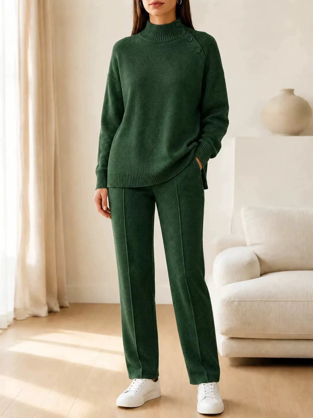 Green mock neck button-detail sweater and pants set — front view