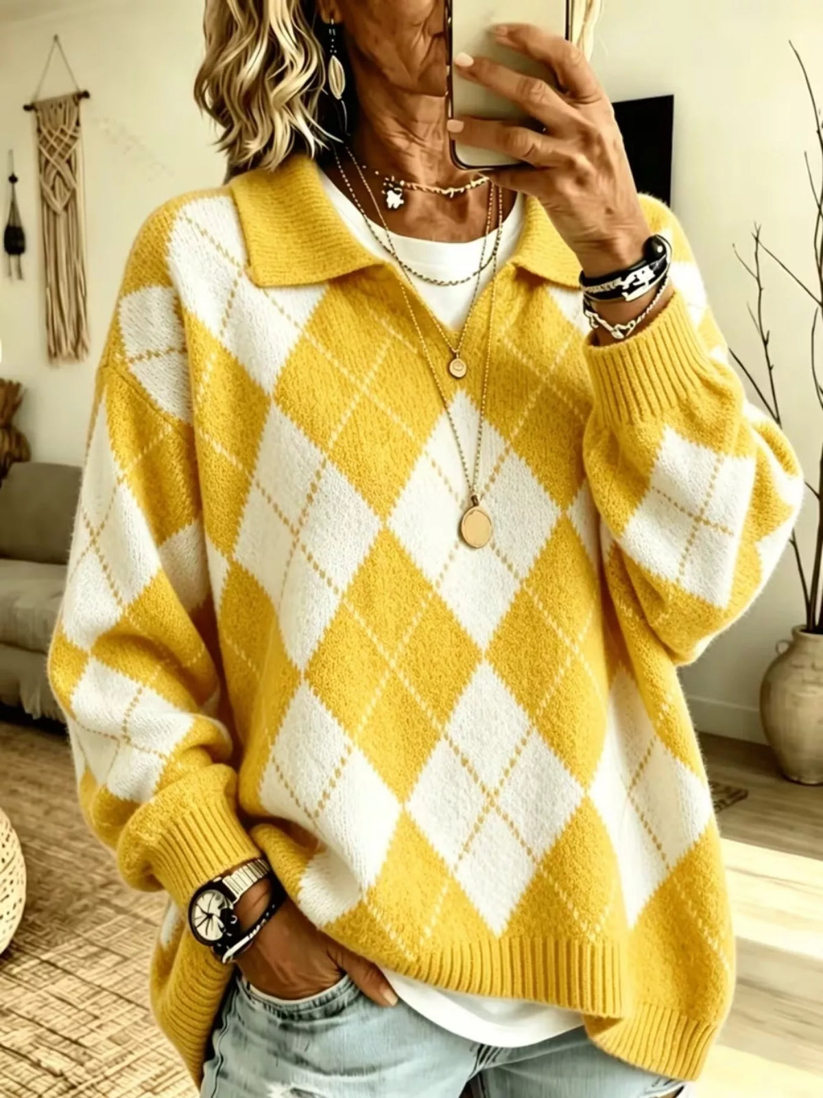 Women's Argyle Pattern Polo Collar Sweater in yellow and white — front view