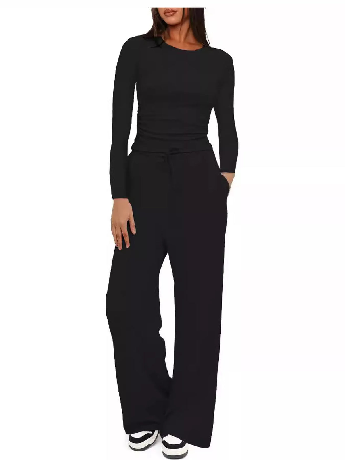 Long Sleeve Top and Wide-Leg Drawstring Pants Set — front view