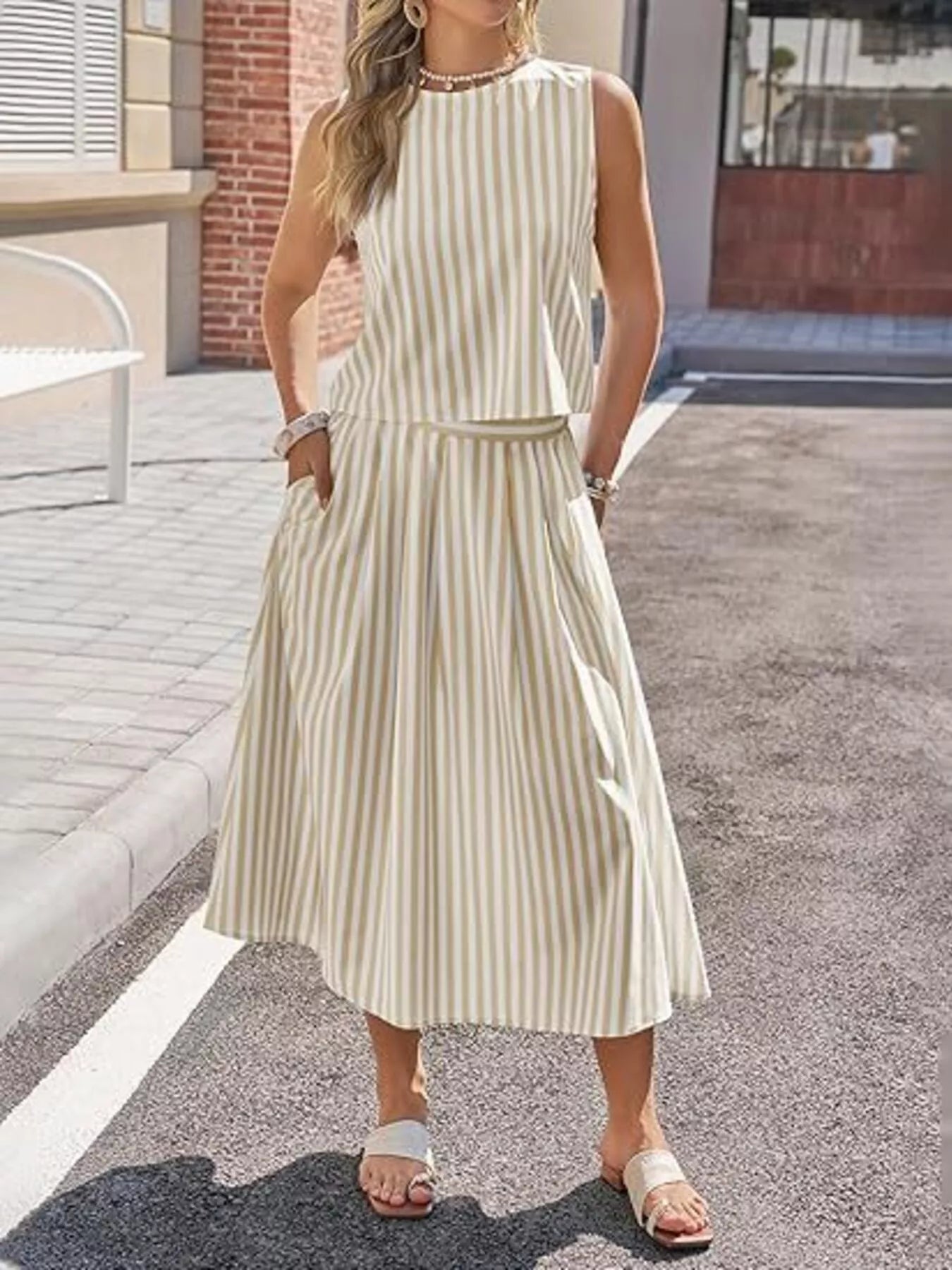 Trendsi Striped Sleeveless Top and Midi Skirt Two-Piece Set -