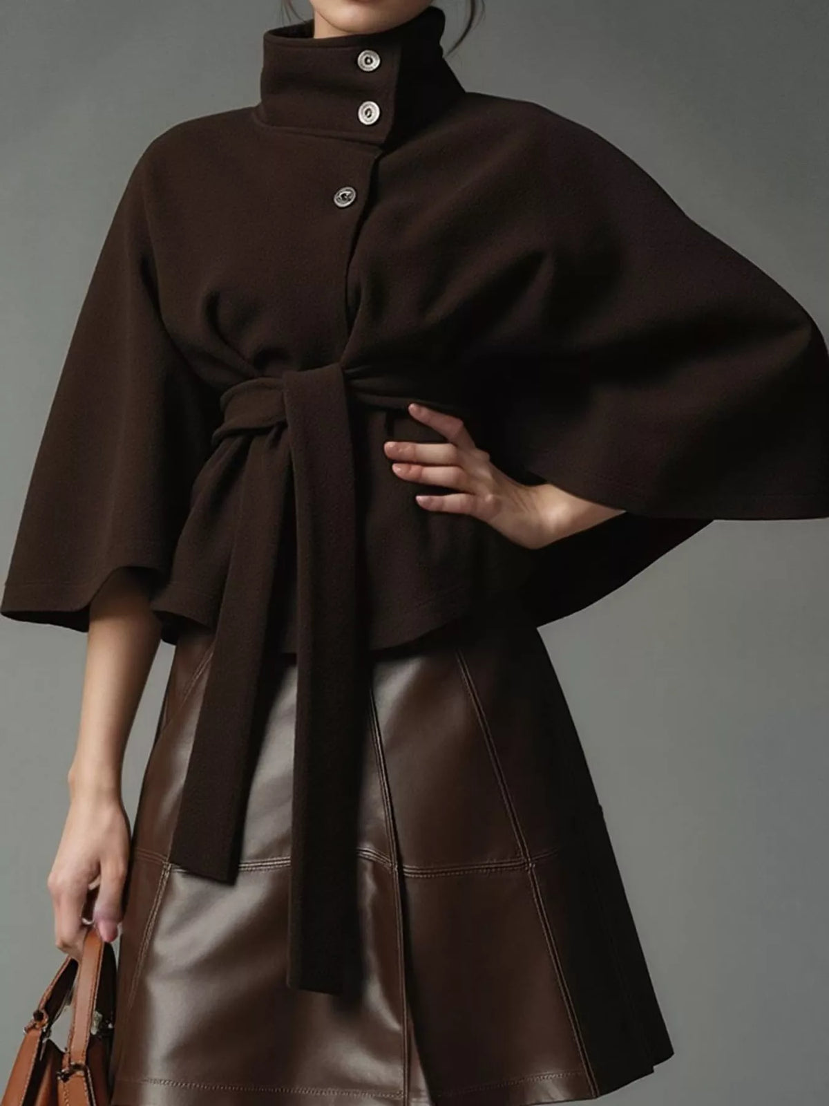 Brown belted button-front cape — front view