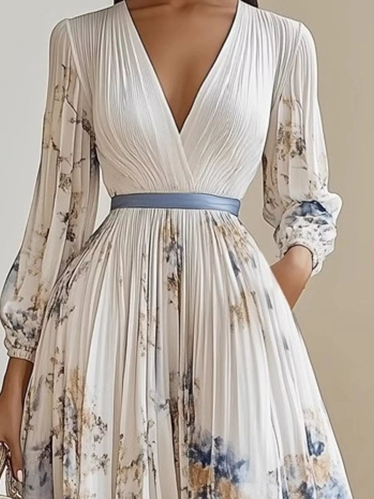 V-neck long sleeve maxi dress, construction and design details