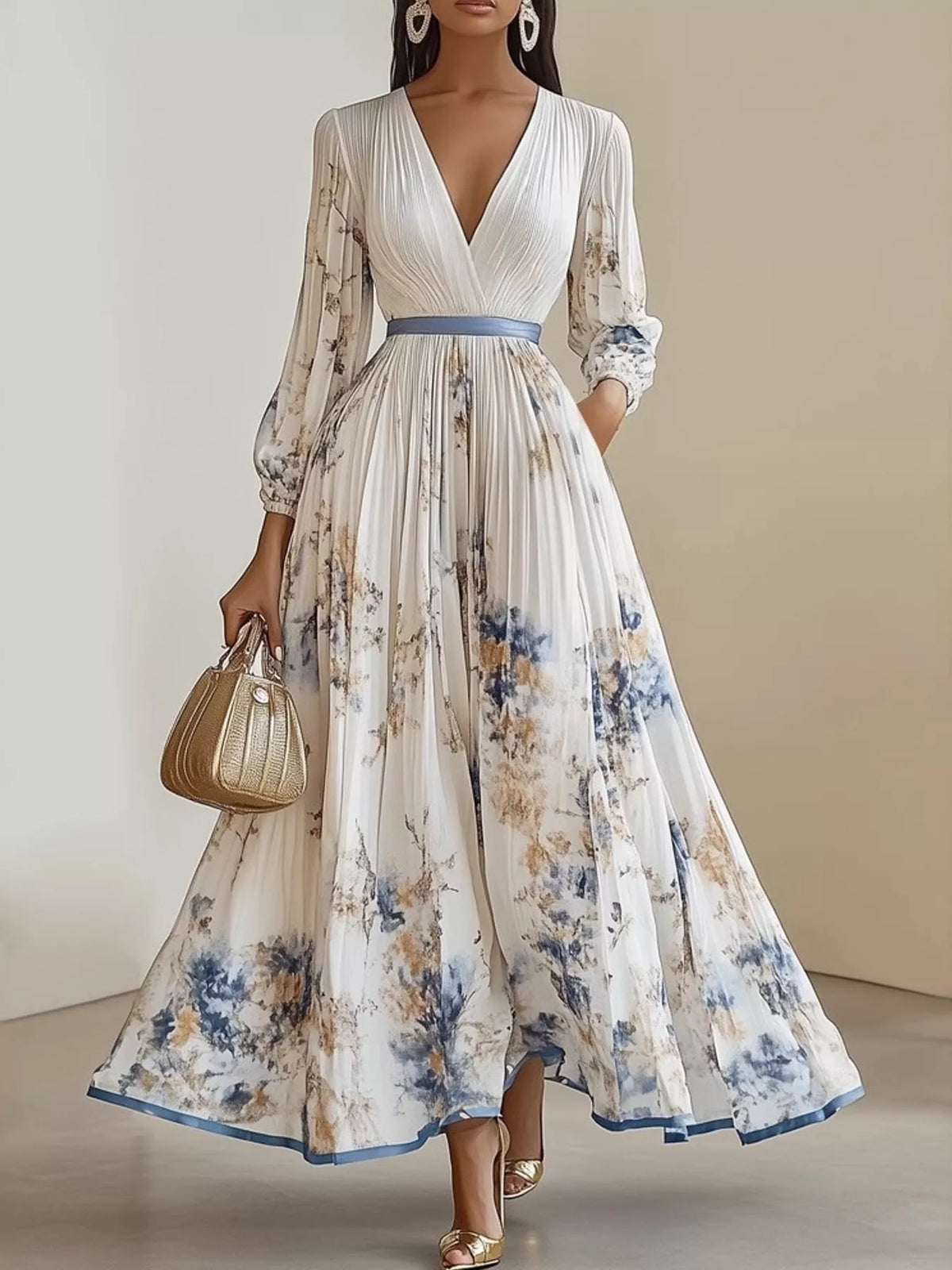 V-neck long sleeve maxi dress, front view on model