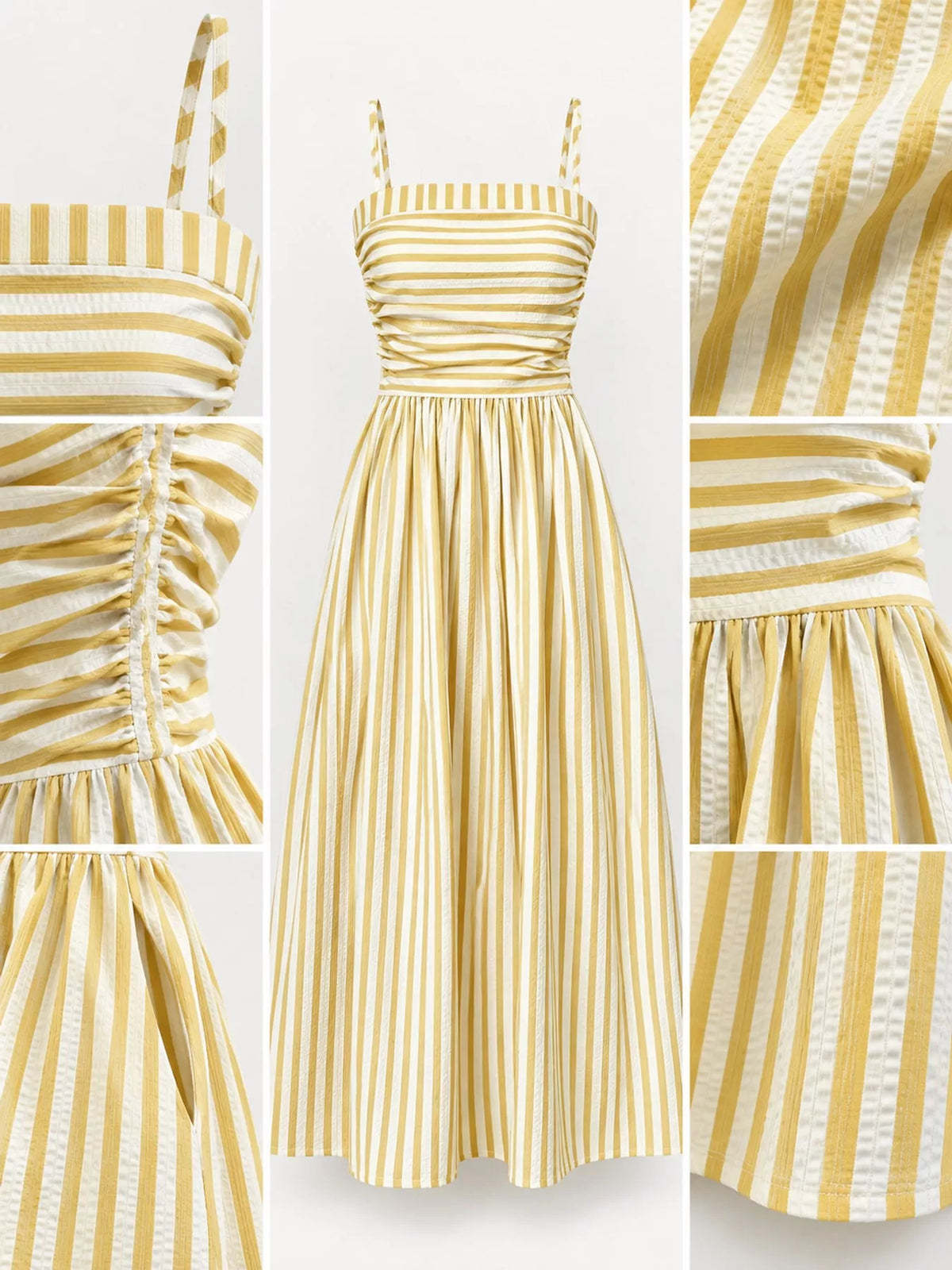 Yellow and white striped spaghetti strap maxi dress with gathered bodice and pockets, construction detail collage