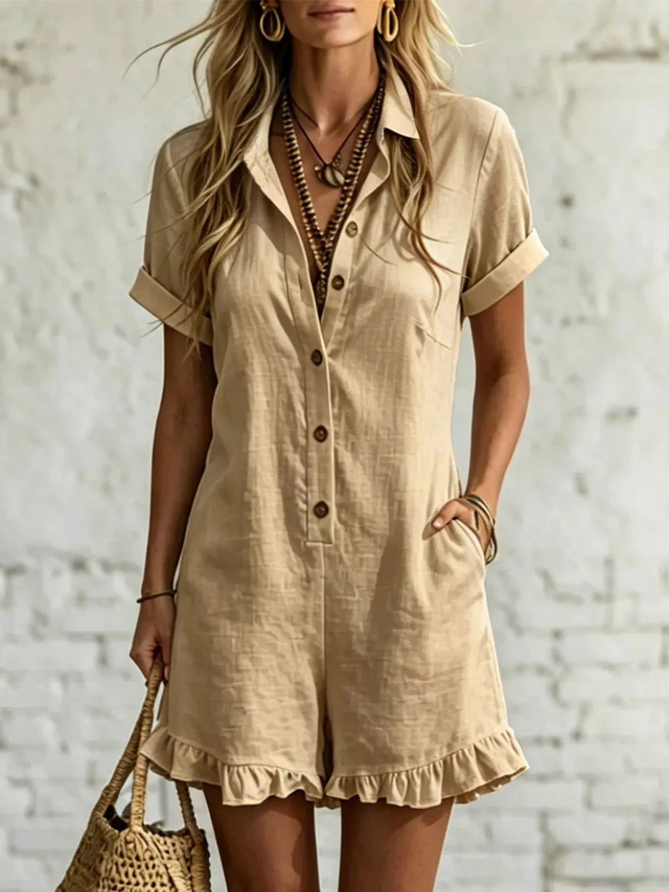 Trendsi Full Size Button Front Ruffled Hem Romper Plus Size - One-Pieces