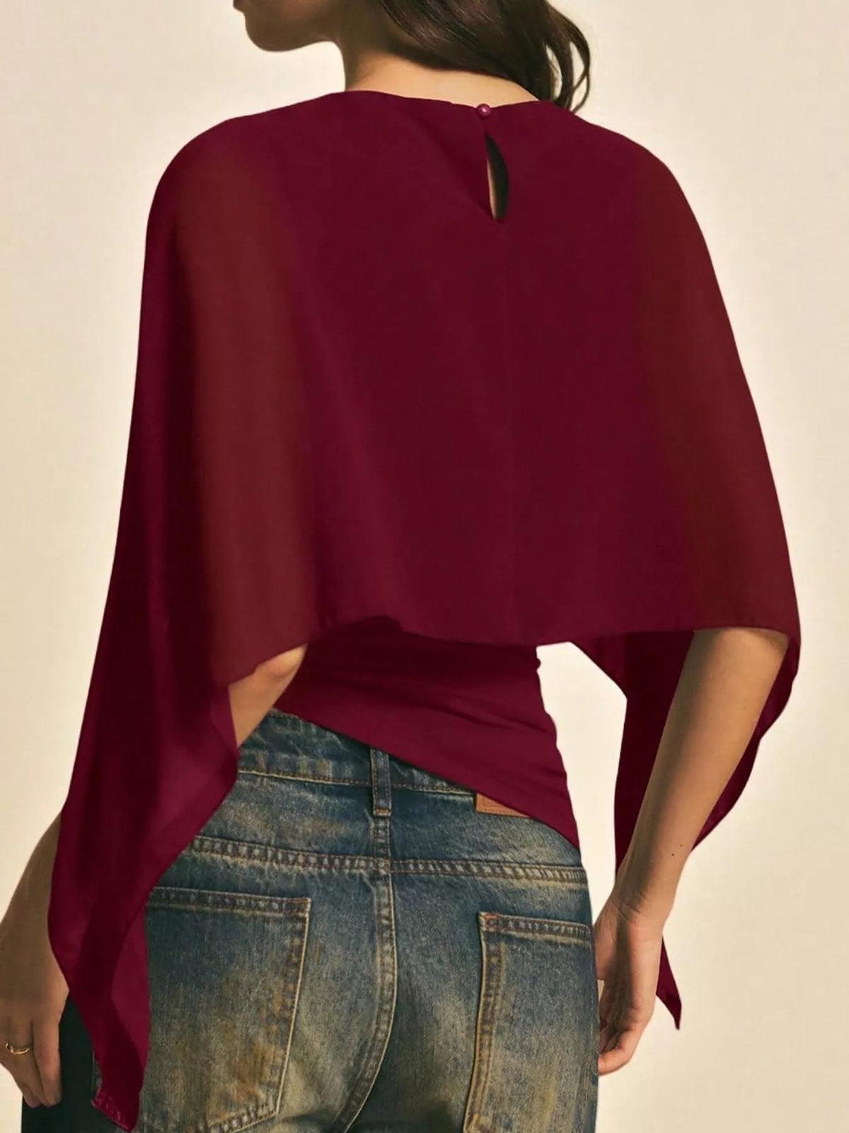 Burgundy cape sleeve round neck blouse, back view