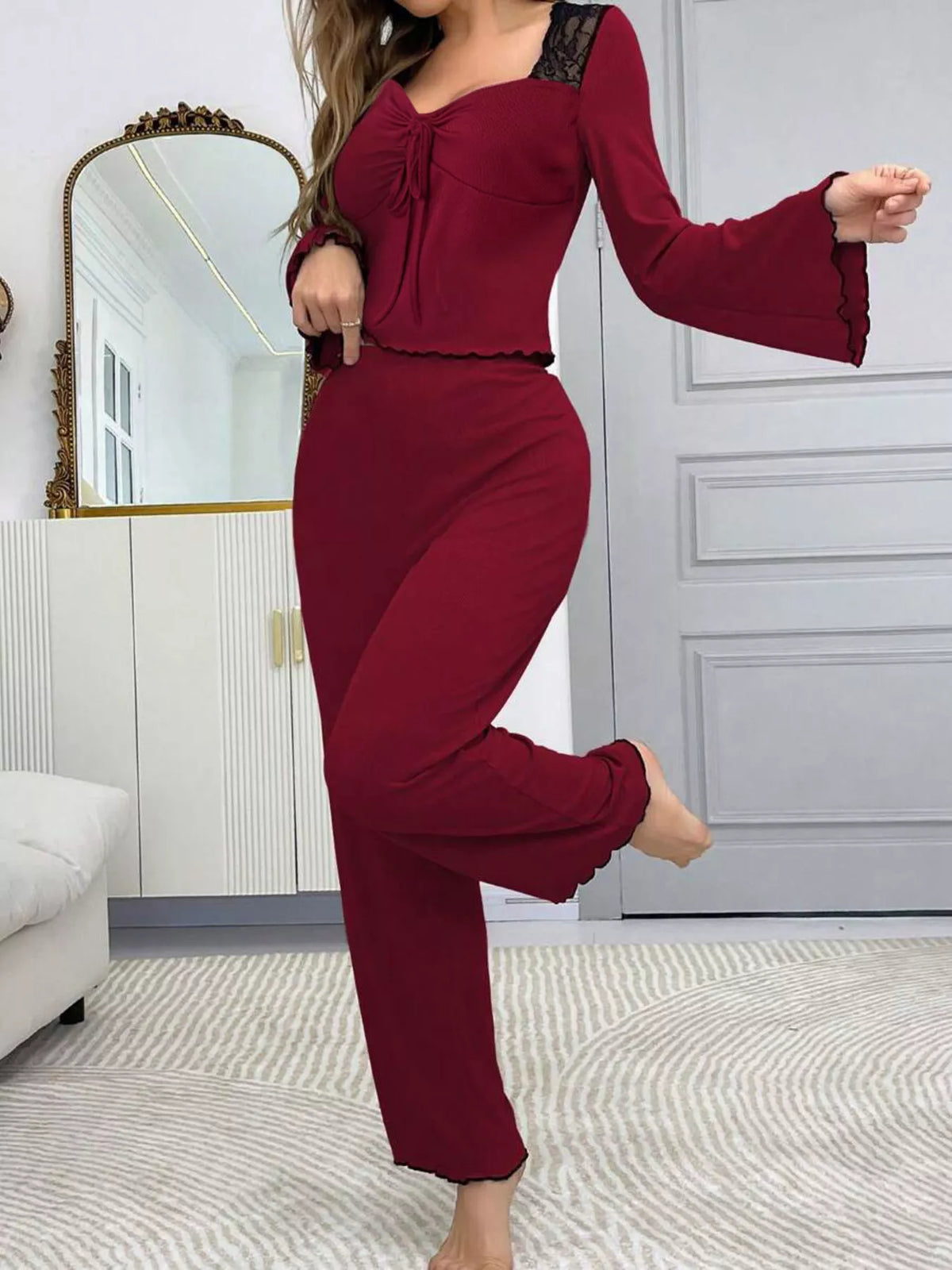 Red Lace-Trim Flare-Sleeve Top & Pants Lounge Set standing front view
