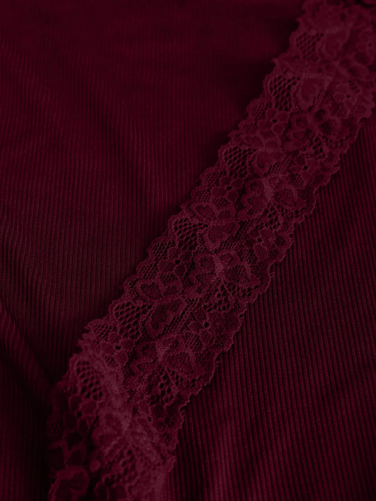 Women's Lace Trim Flare Sleeve Blouse in burgundy — neckline detail view