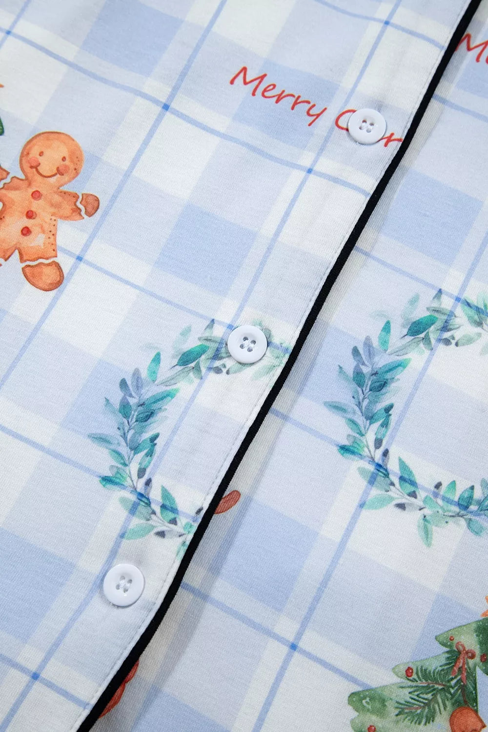 Light blue Christmas print plaid pajama set, button detail