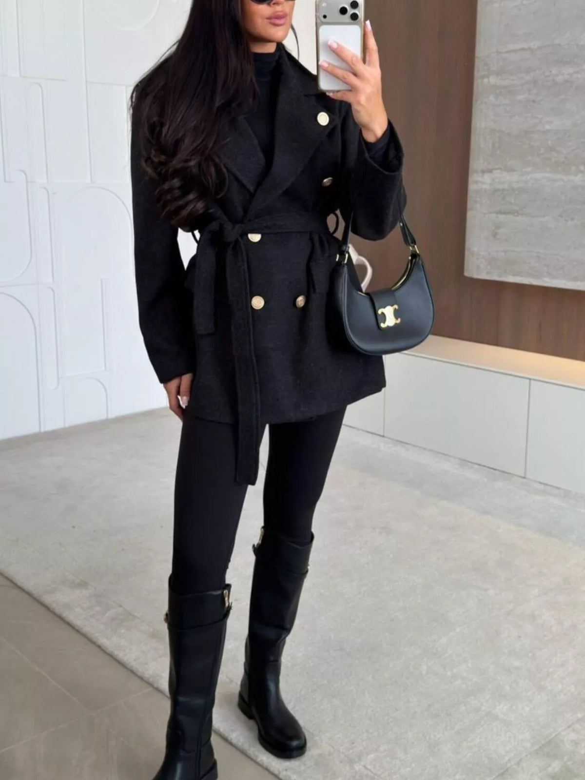 Black double-breasted belted wool-blend coat