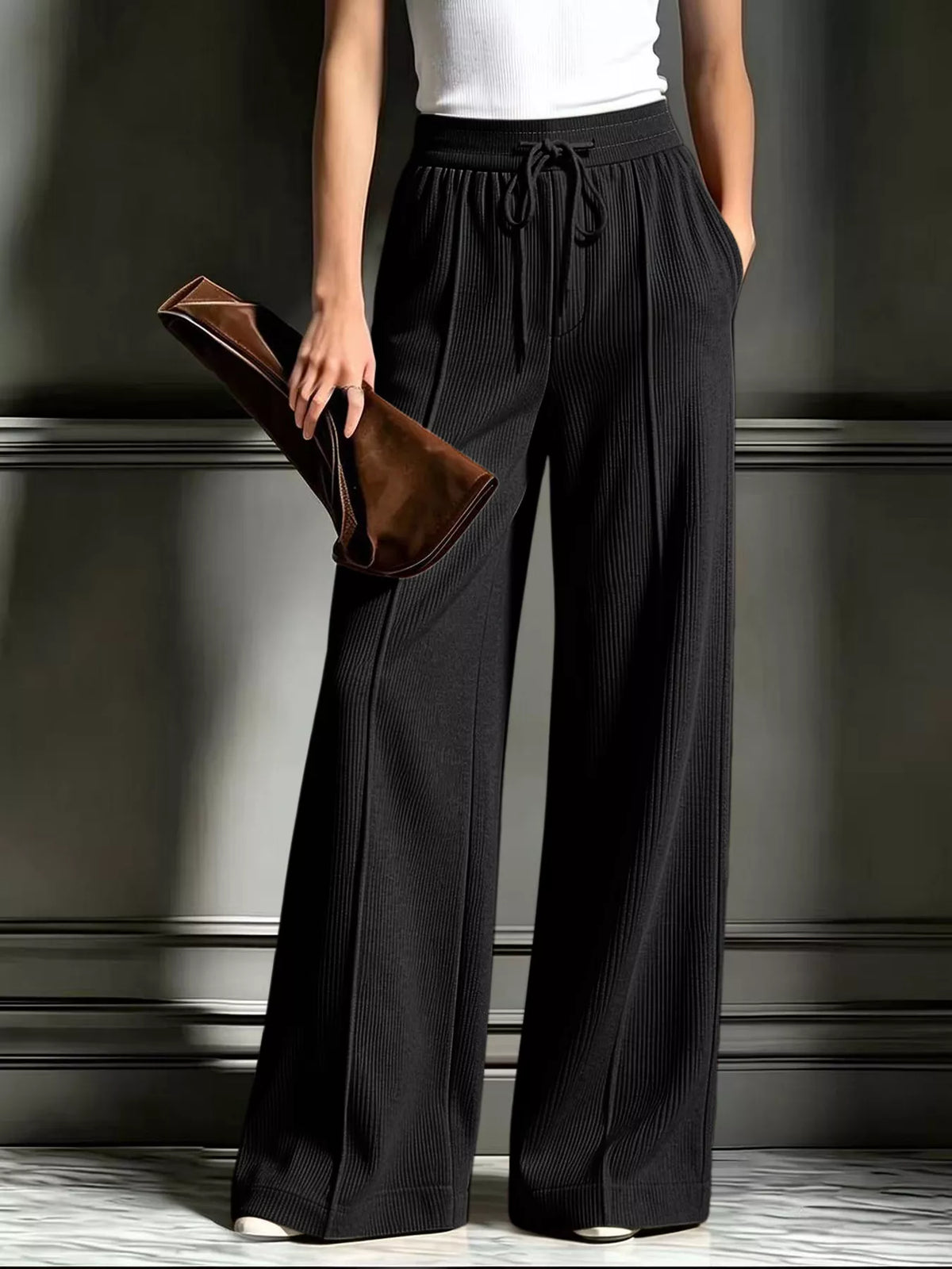 Black wide-leg ribbed corduroy pants