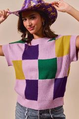 Trendsi SO ME Mardi Gras Check Plaid Casual Sweater Top -