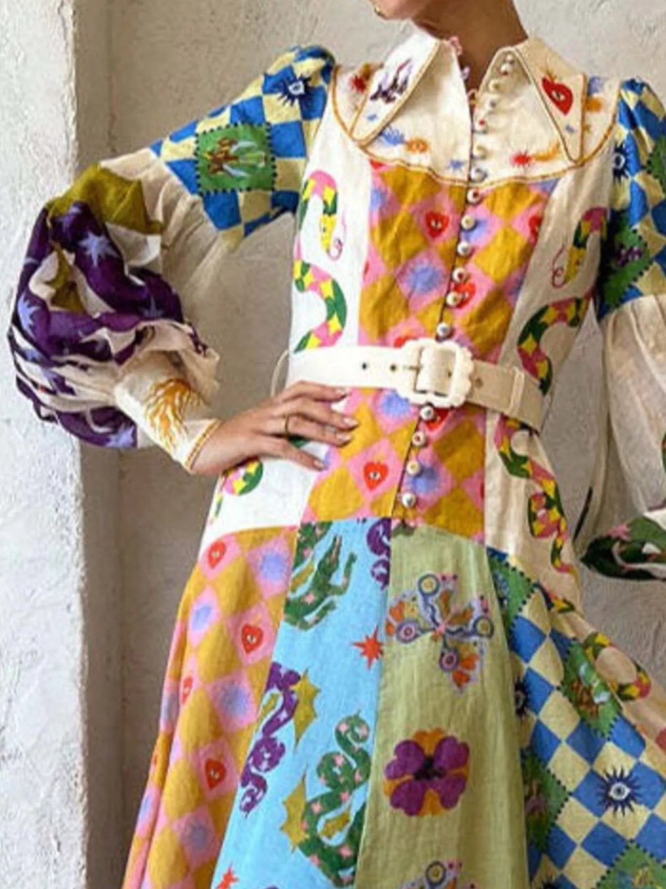 Trendsi Full Size Printed Lantern Sleeve Maxi Dress Plus Size -