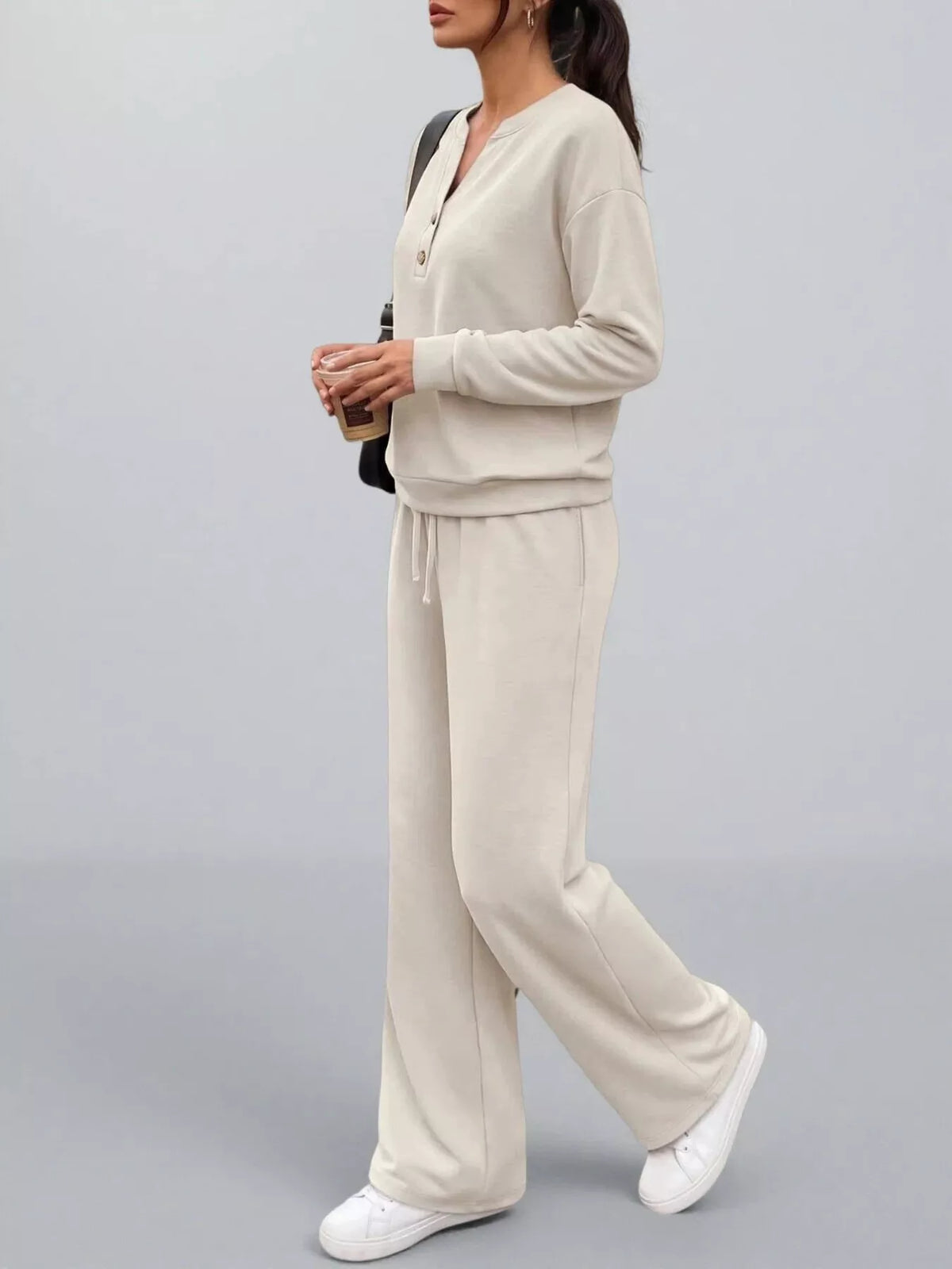 Button-detail dropped-shoulder top and pants set
