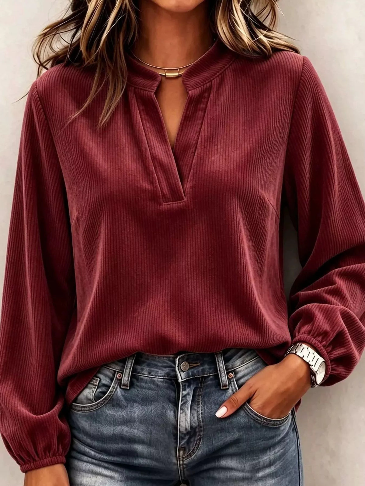 Burgundy corduroy-look notched long-sleeve top