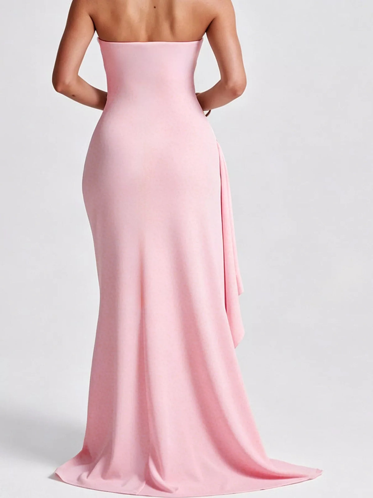 Pink strapless high slit bodycon maxi evening dress, back view
