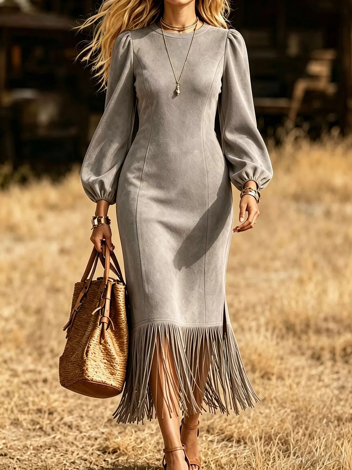 Fringe Balloon Sleeve Midi Dress in gray, front view
