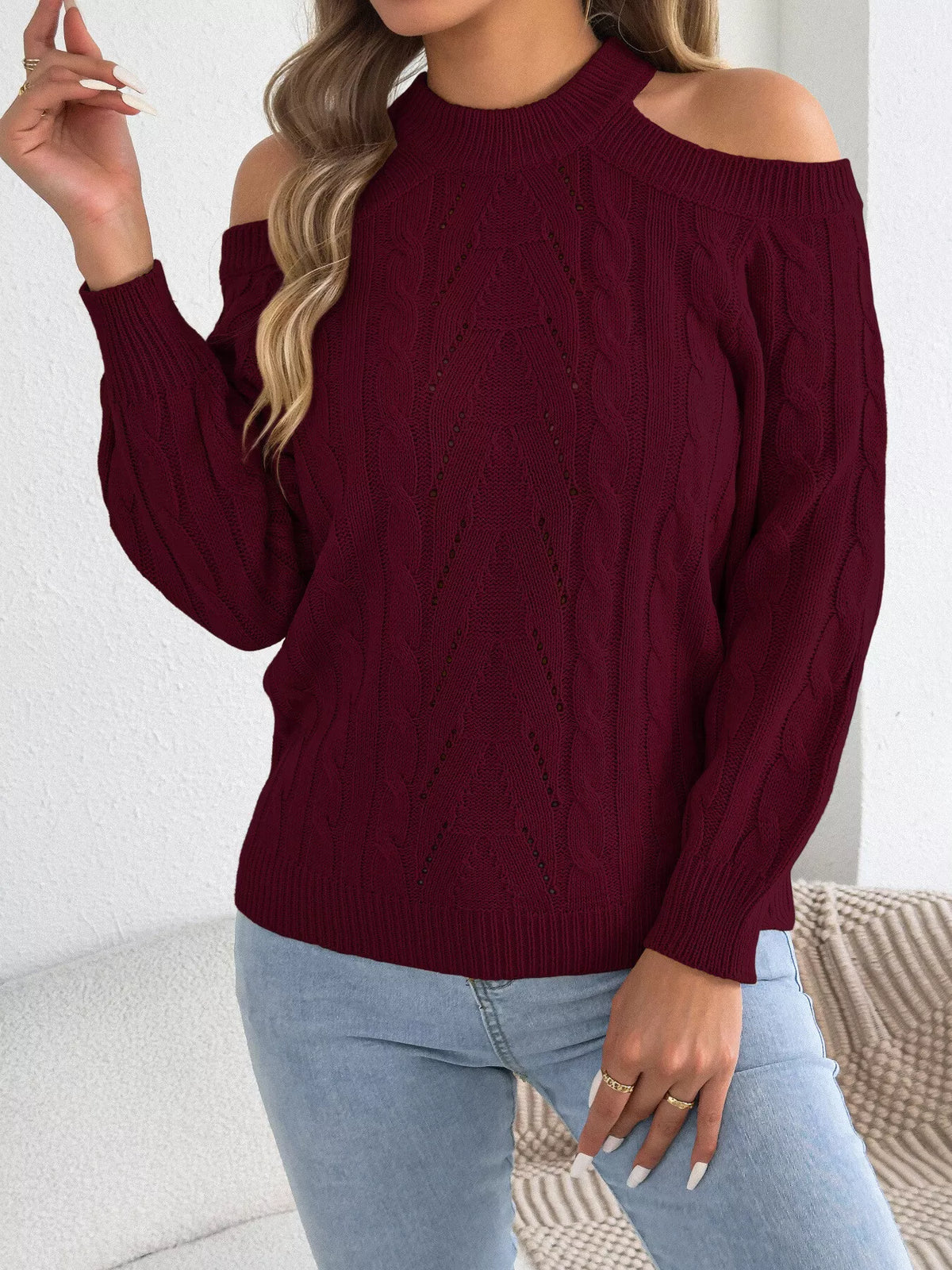 Cold Shoulder Cable Knit Sweater in burgundy, front view
