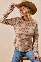 Trendsi BiBi Floral Print Washed Waffle Thermal Top with Thumb -