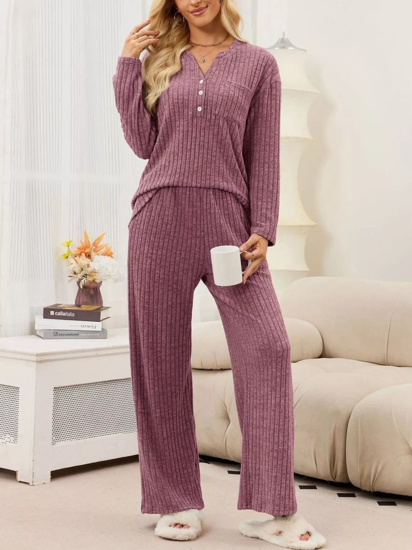 Trendsi Ribbed Knit Top and Wide-Leg Pants Set -