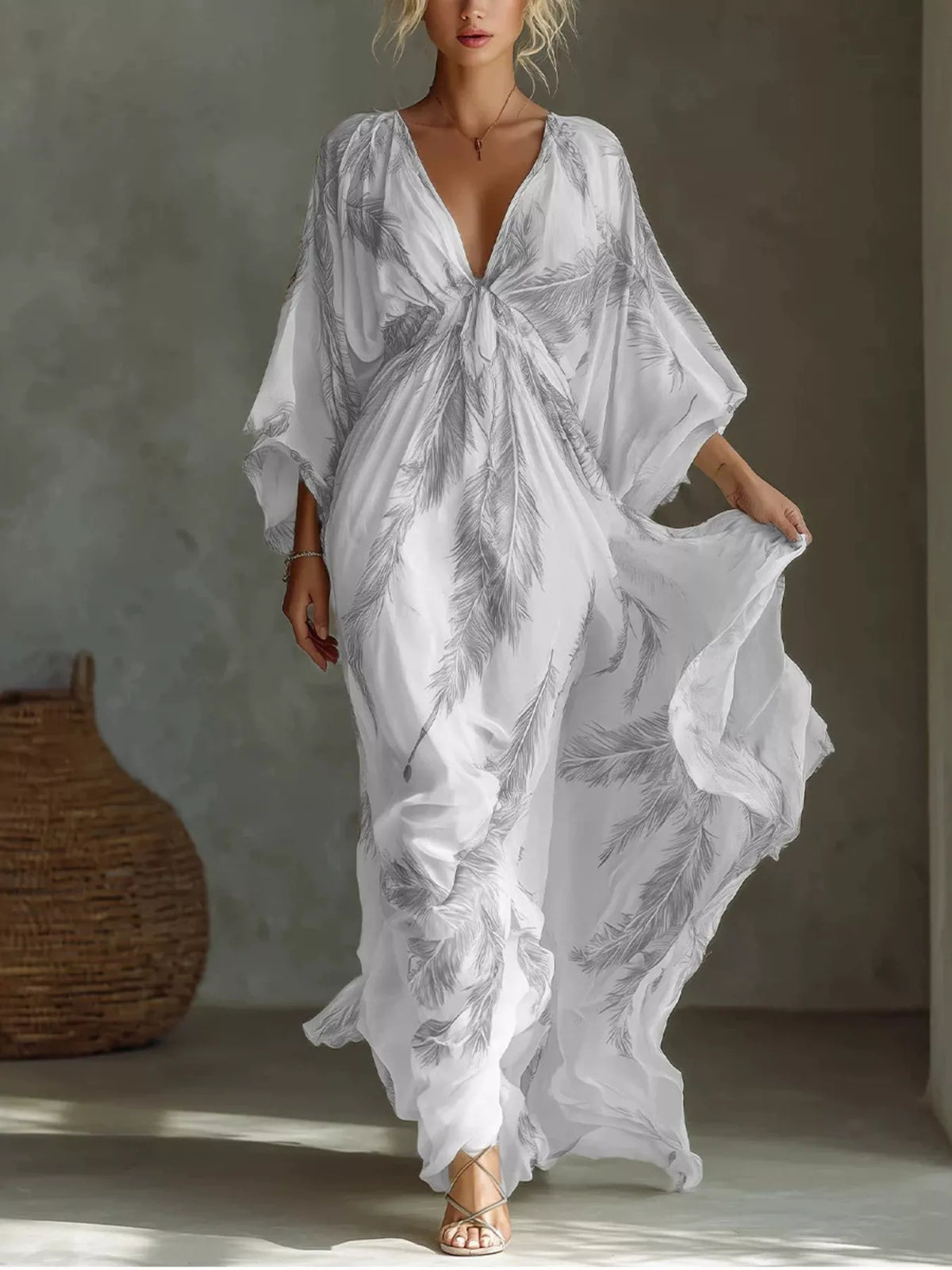 Feather-print V-neck flowy maxi dress