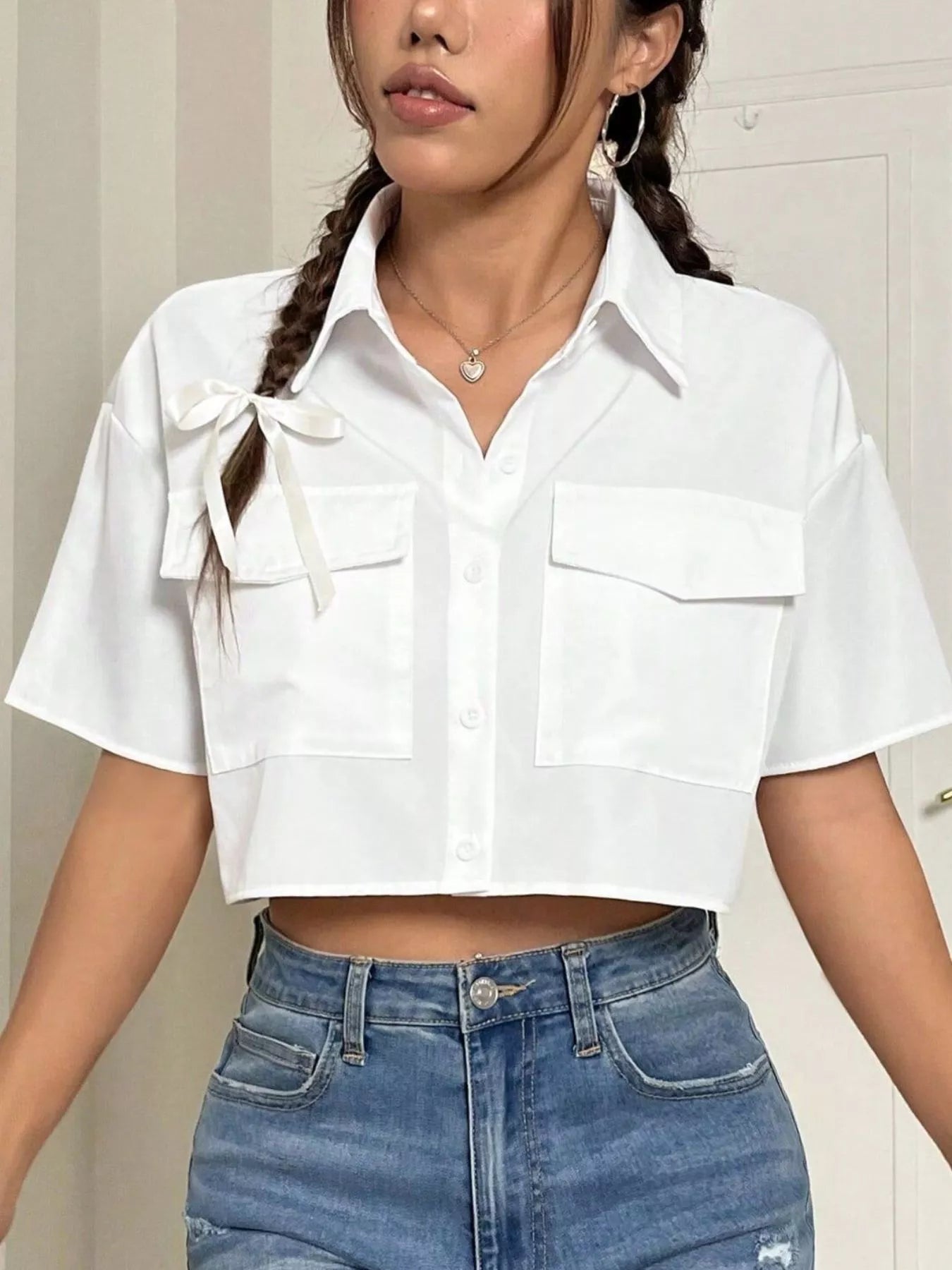 Trendsi Short Sleeve Crop Shirt with Chest Pockets -