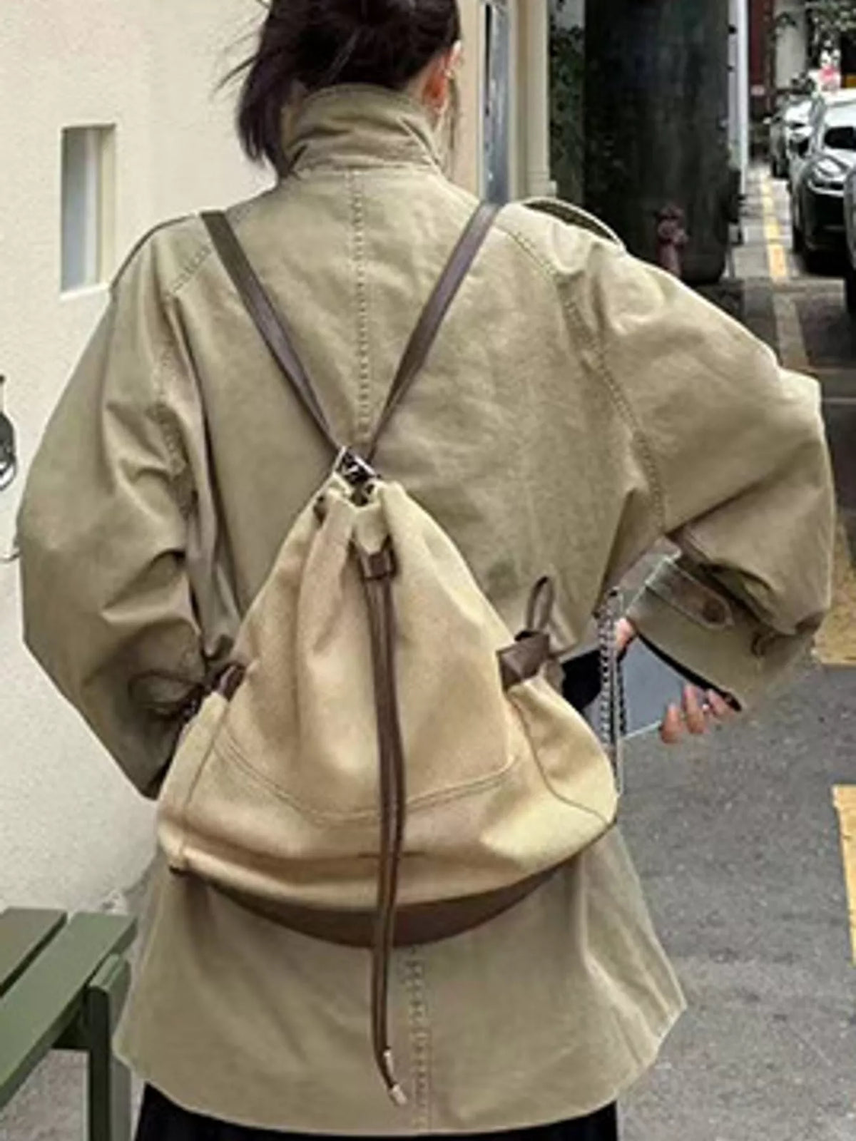 Khaki double-breasted belted cotton trench coat, back view