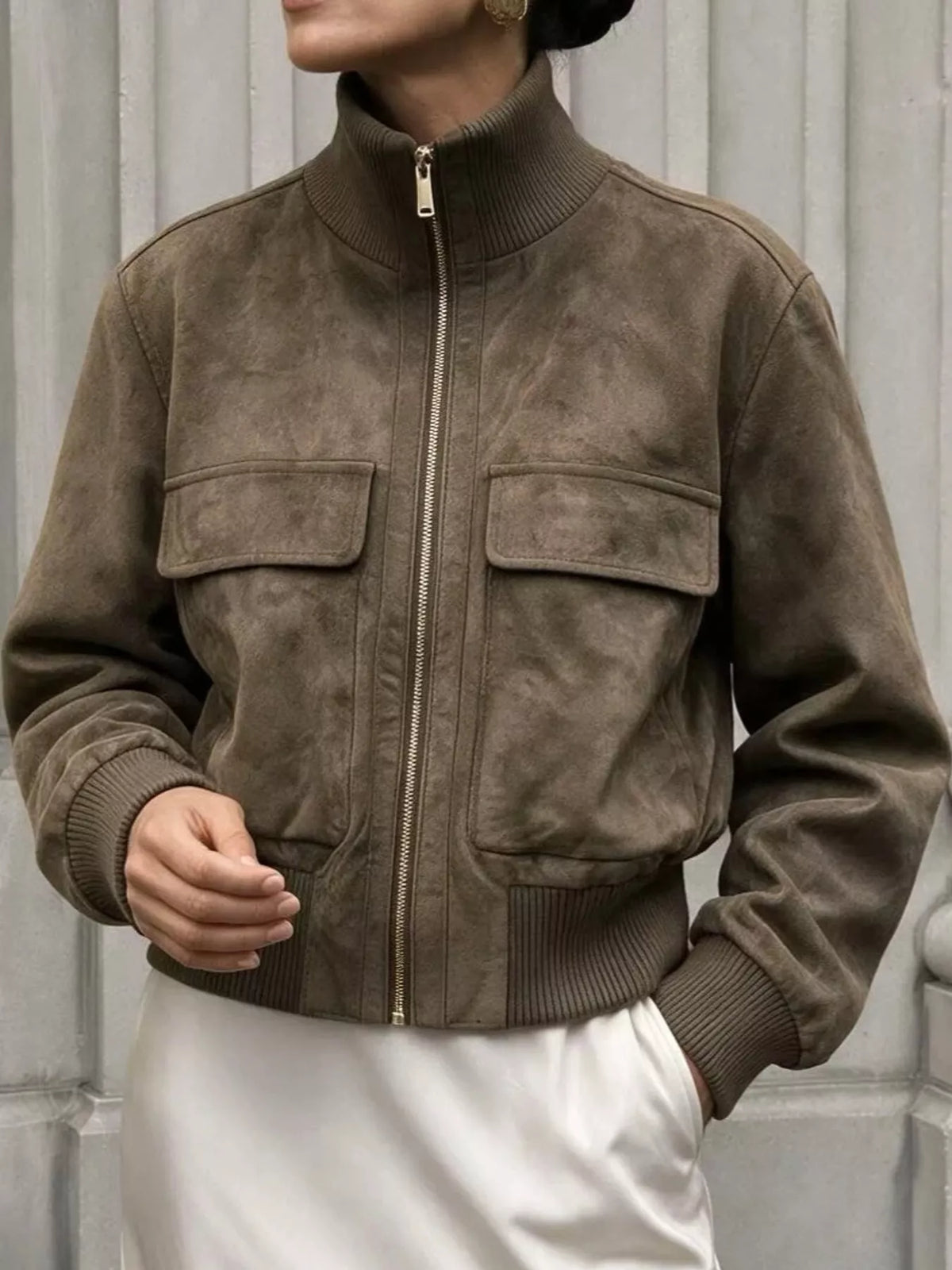 Suede Zip-Up Pocket Jacket — front view