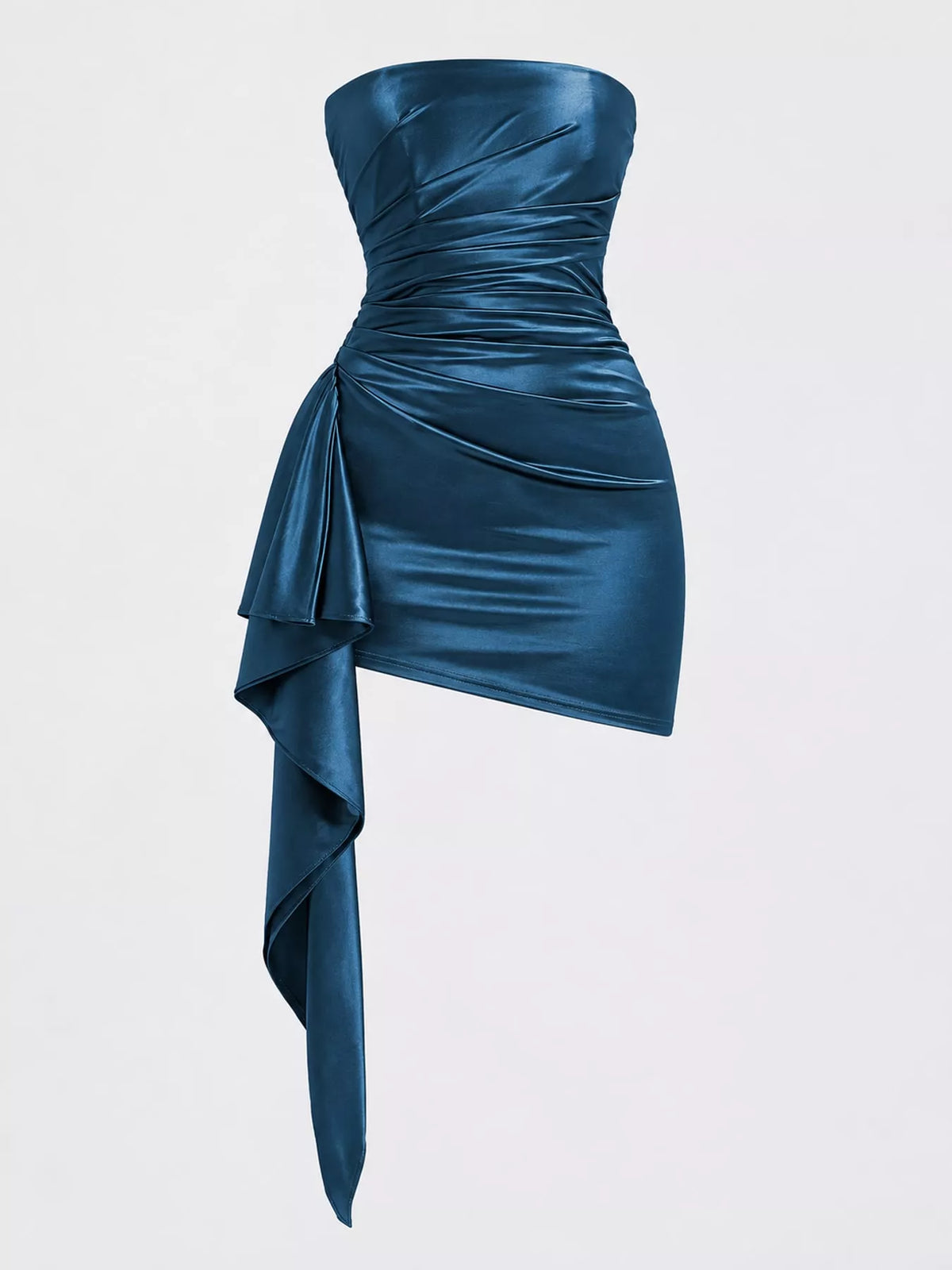 Teal strapless ruched asymmetric mini dress, product view