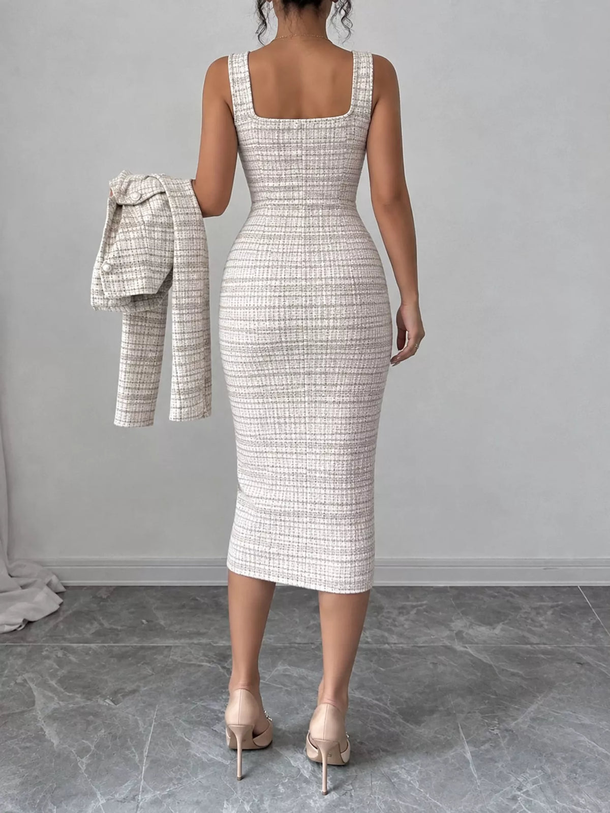 Tweed dress and cardigan set, beige dress back
