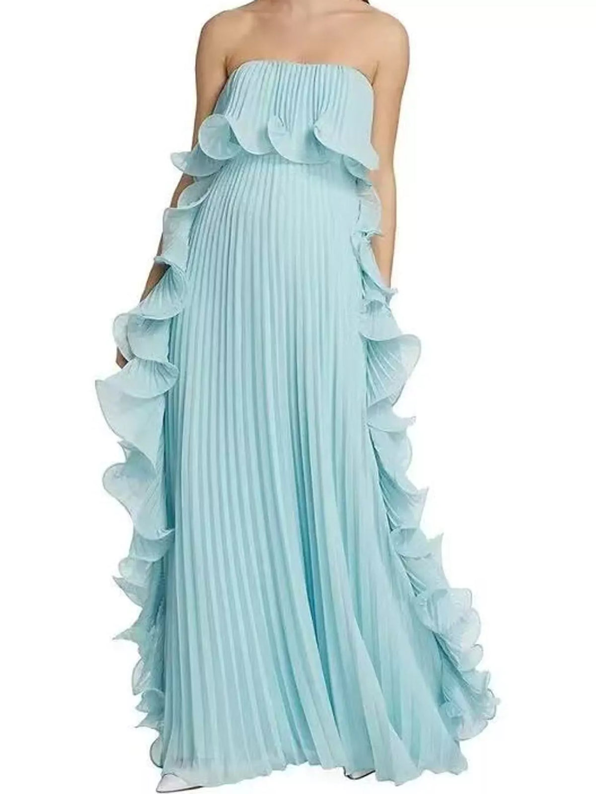 Ruffled Strapless Pleated Maxi Dress — front view