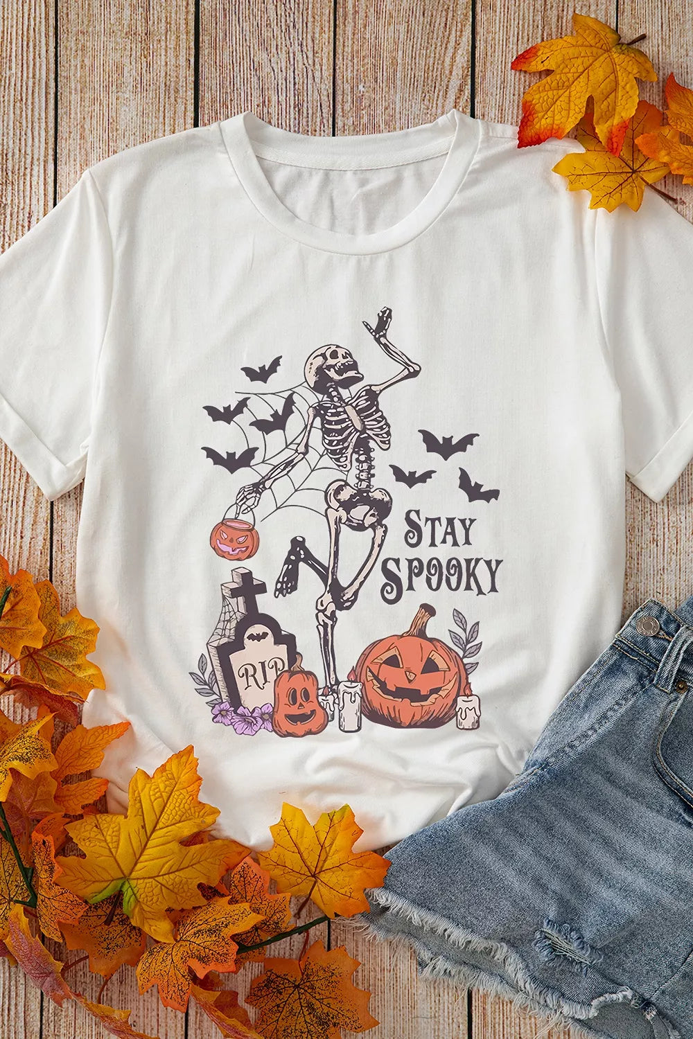 Trendsi Full Size Skull Pumpkin Face STAY SPOOKY Graphic Halloween T Shirt Plus Size -