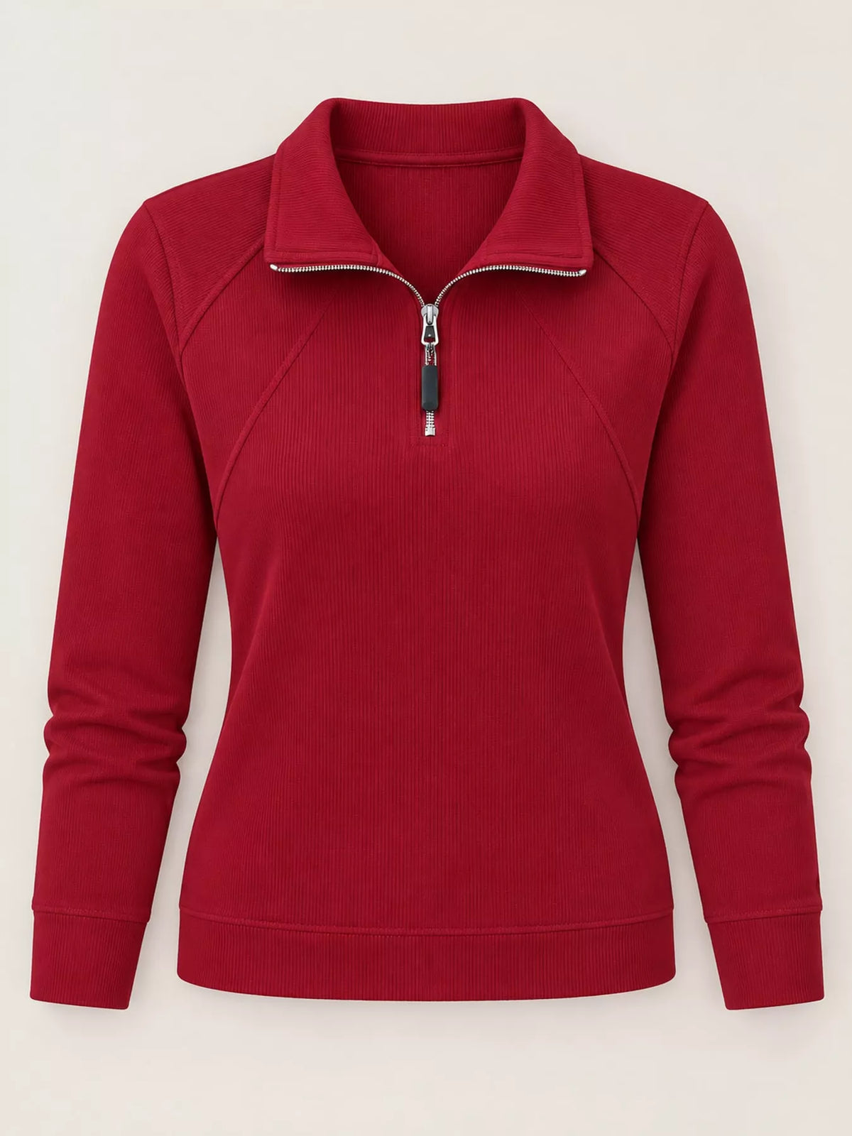 Quarter-zip ribbed top, red flat front