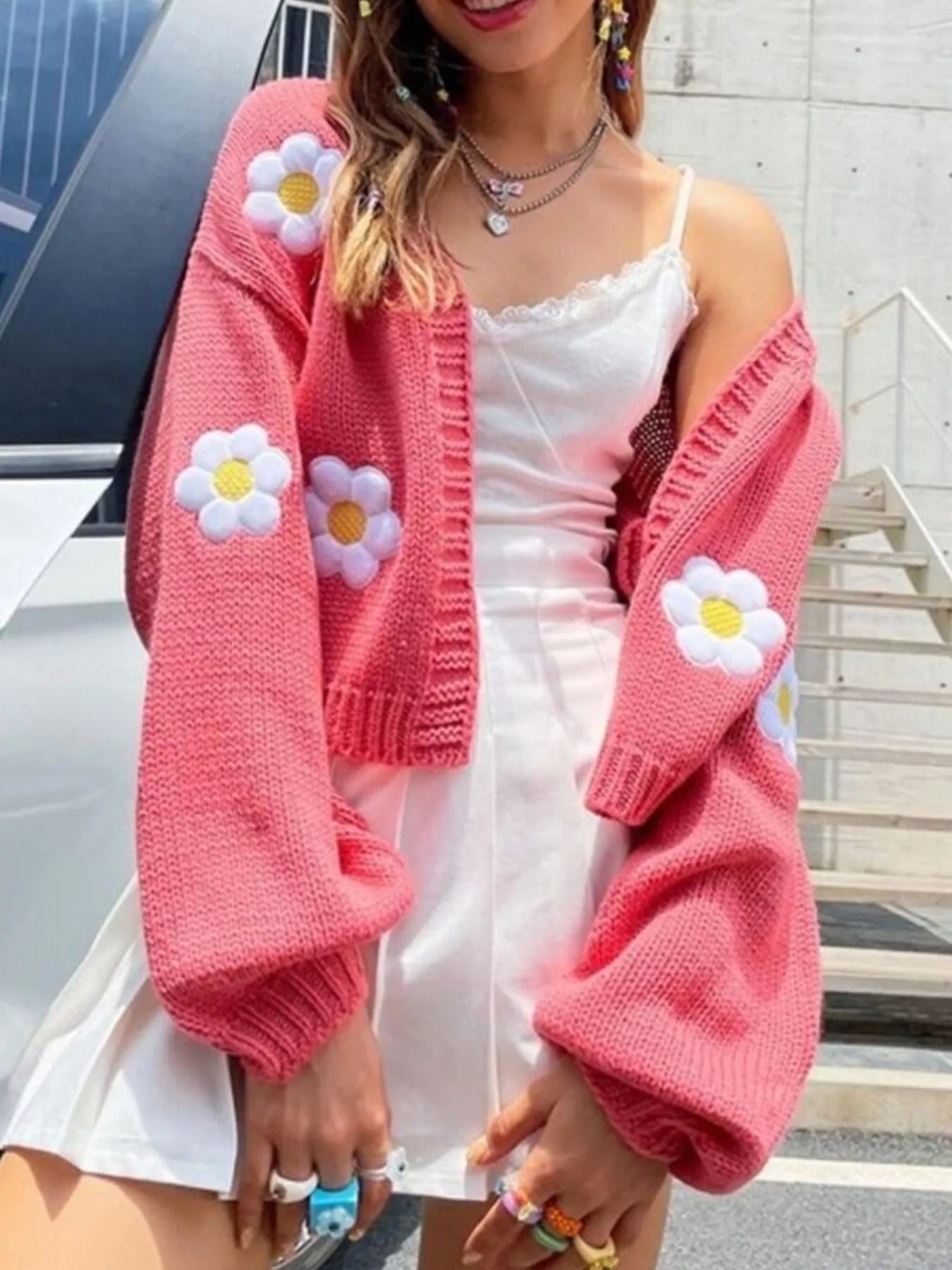 Trendsi Floral Open Front Knit Cardigan -