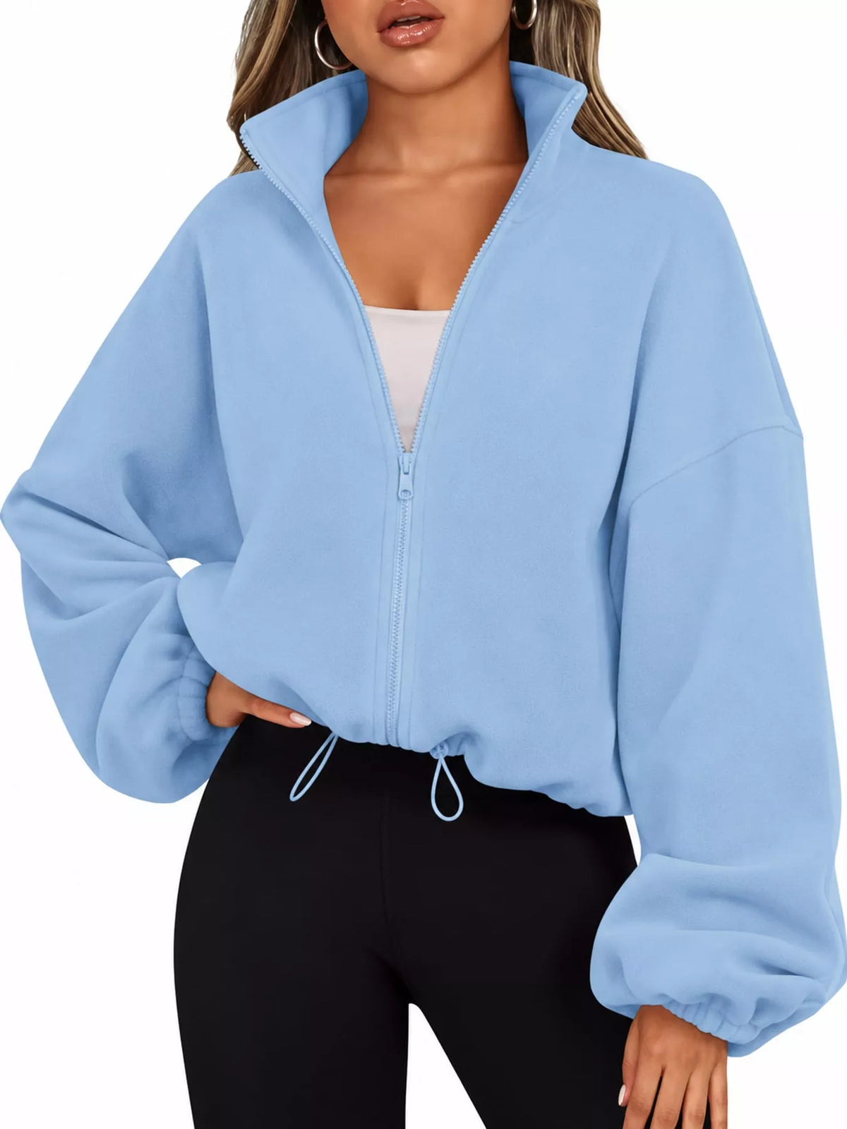Blue drawstring hem zip-up jacket