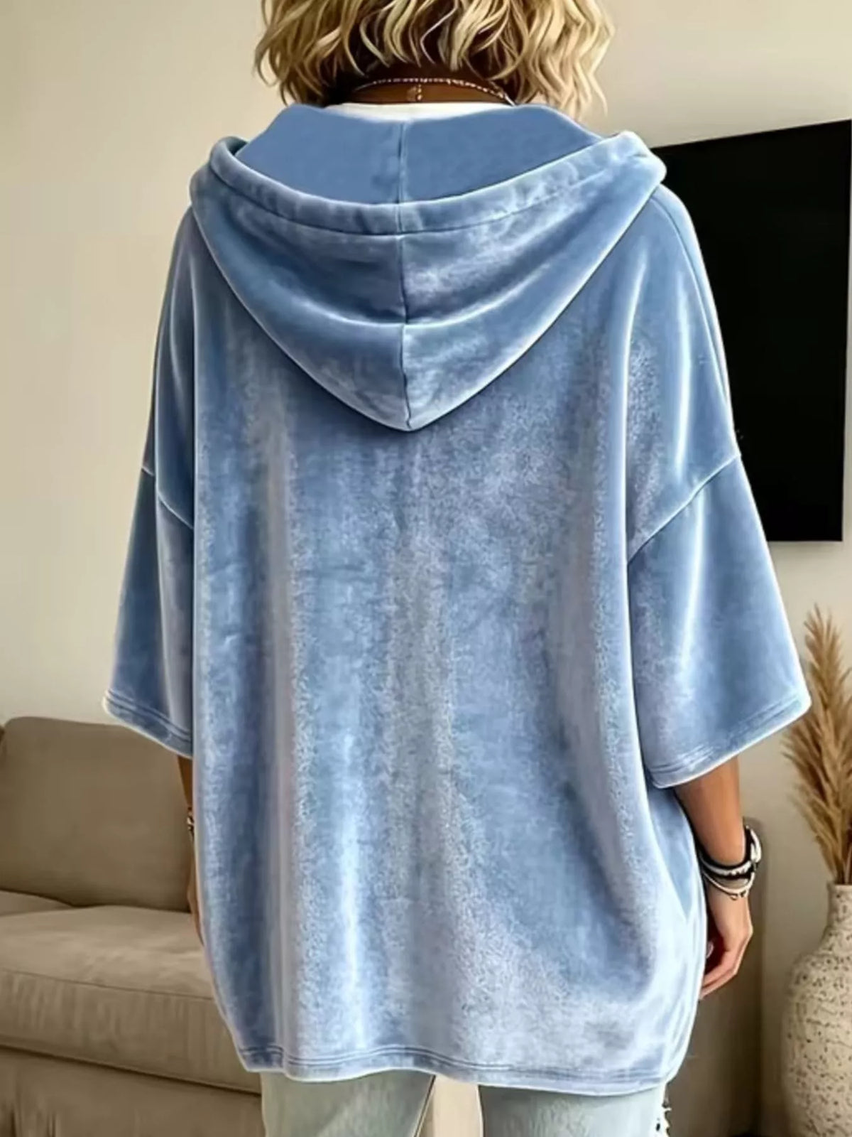 Sky Blue velvet kangaroo pocket drawstring hoodie, back view