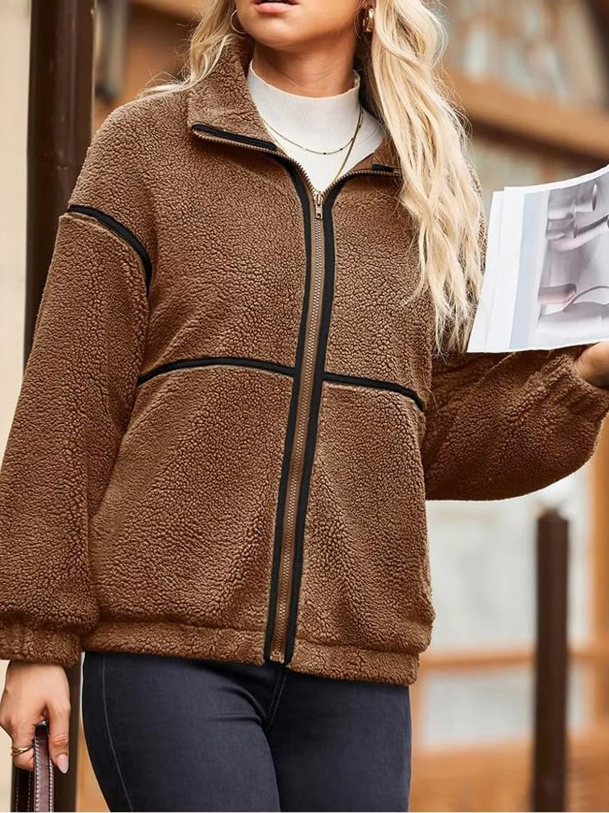 Stand Collar Sherpa Fleece Zip-Up Jacket — front view