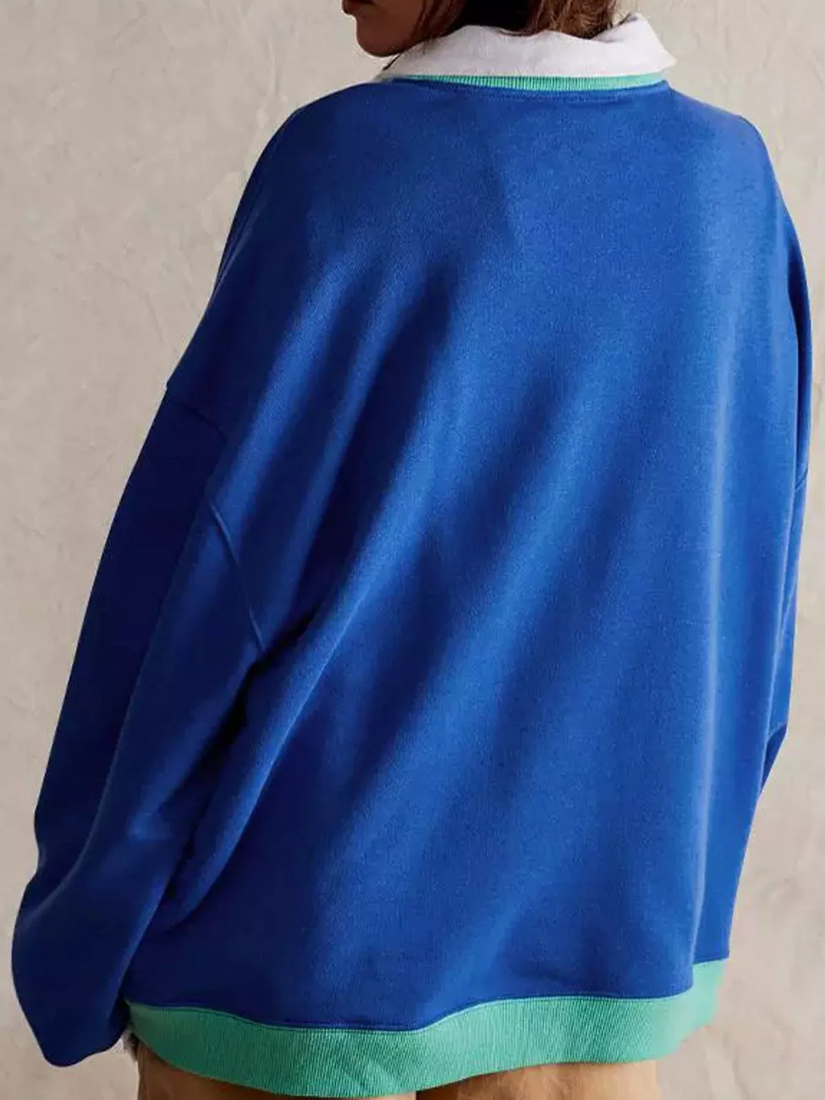 Blue dropped shoulder long sleeve sweatshirt, back view