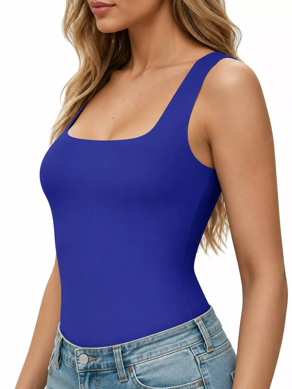 Royal blue square-neck tank, angled front view
