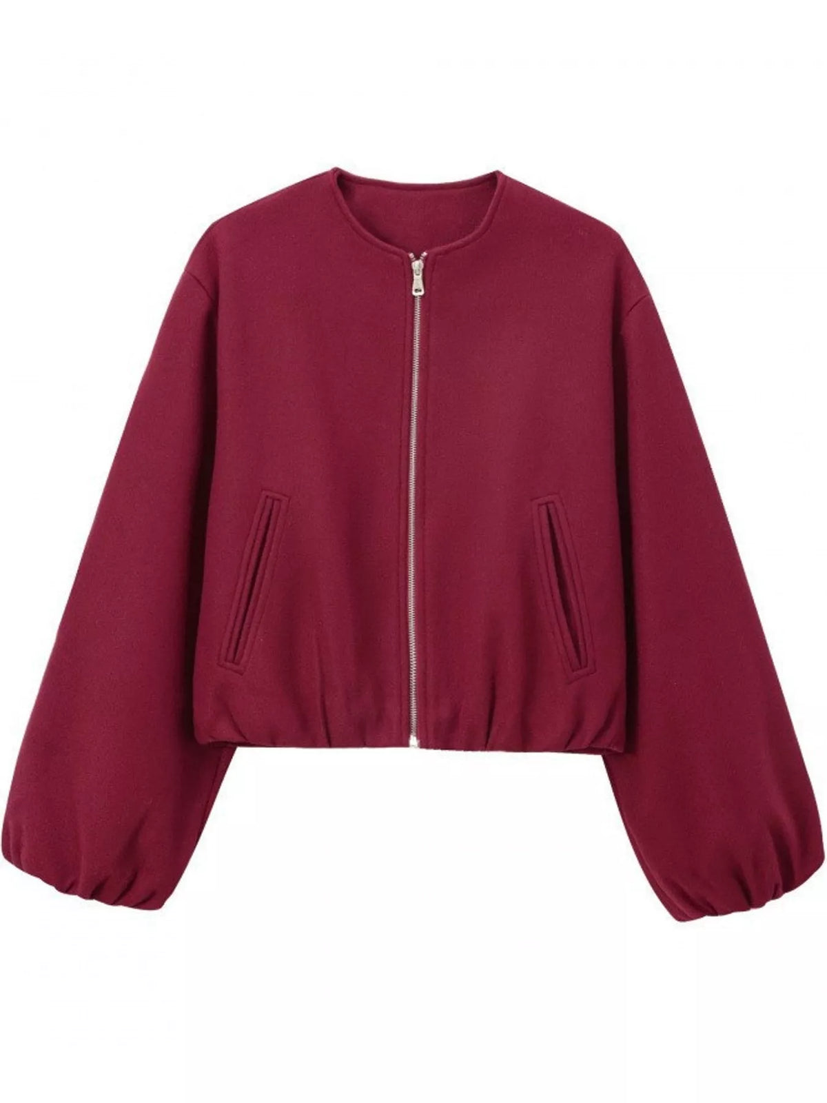 Burgundy zip-up long sleeve jacket — front view