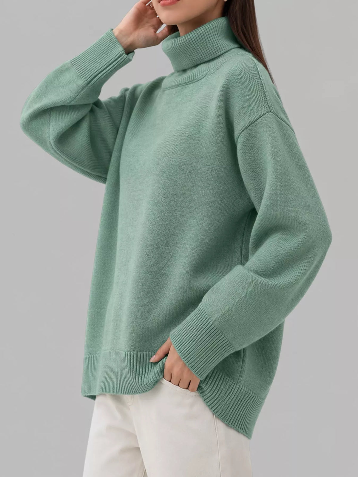 Turtleneck sweater, sage side