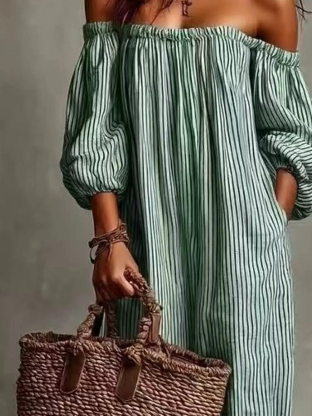 Trendsi Full Size Off-Shoulder Striped Maxi Dress with Puff Sleeves Plus Size -