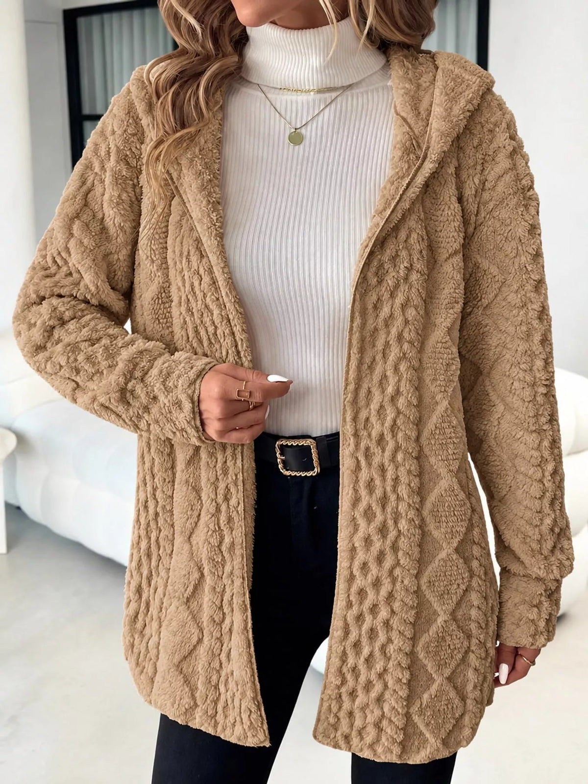 Cable Knit Zip-Up Hooded Cardigan in khaki