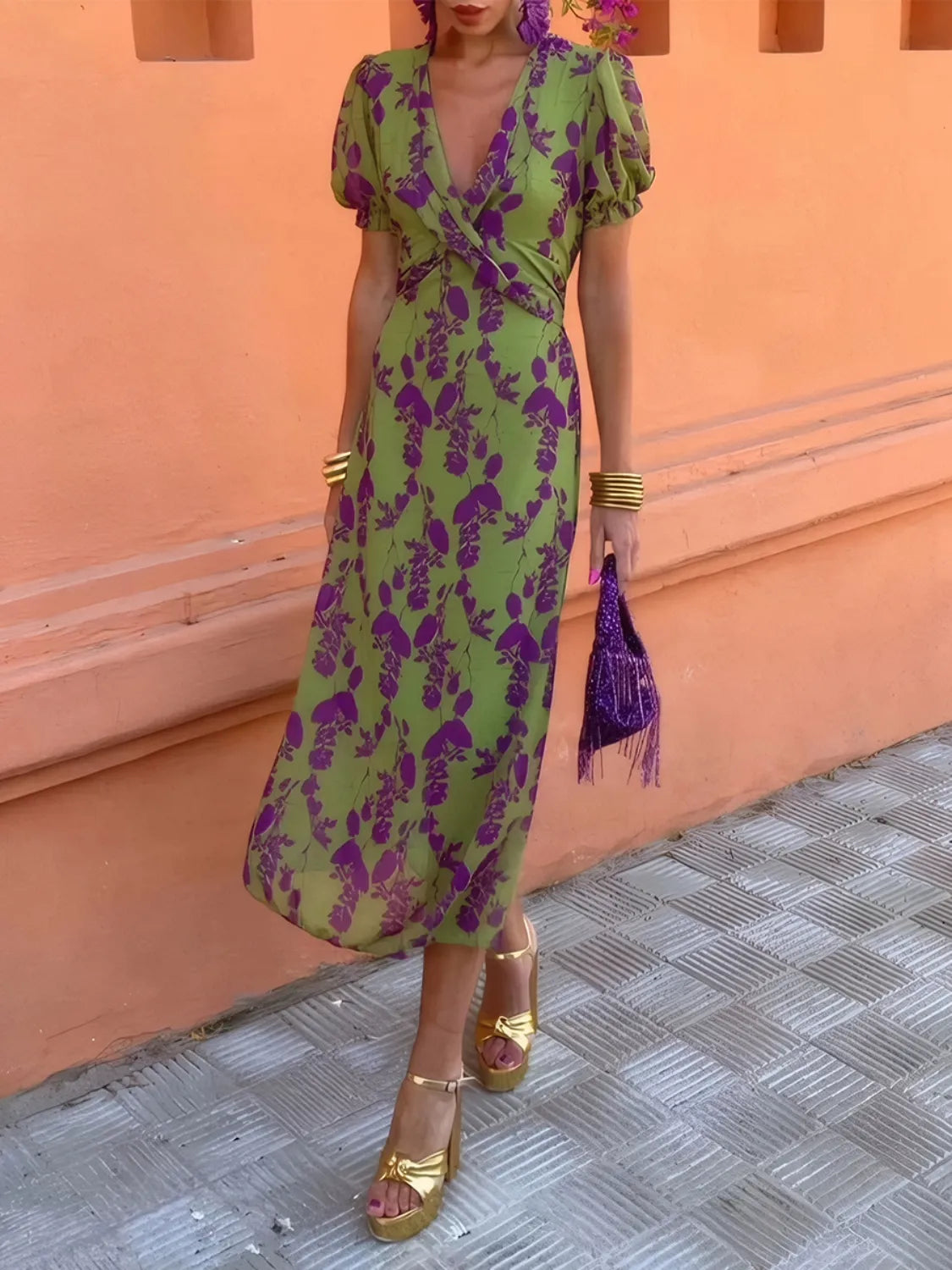 Trendsi Printed Plunge Short Sleeve Midi Dress -