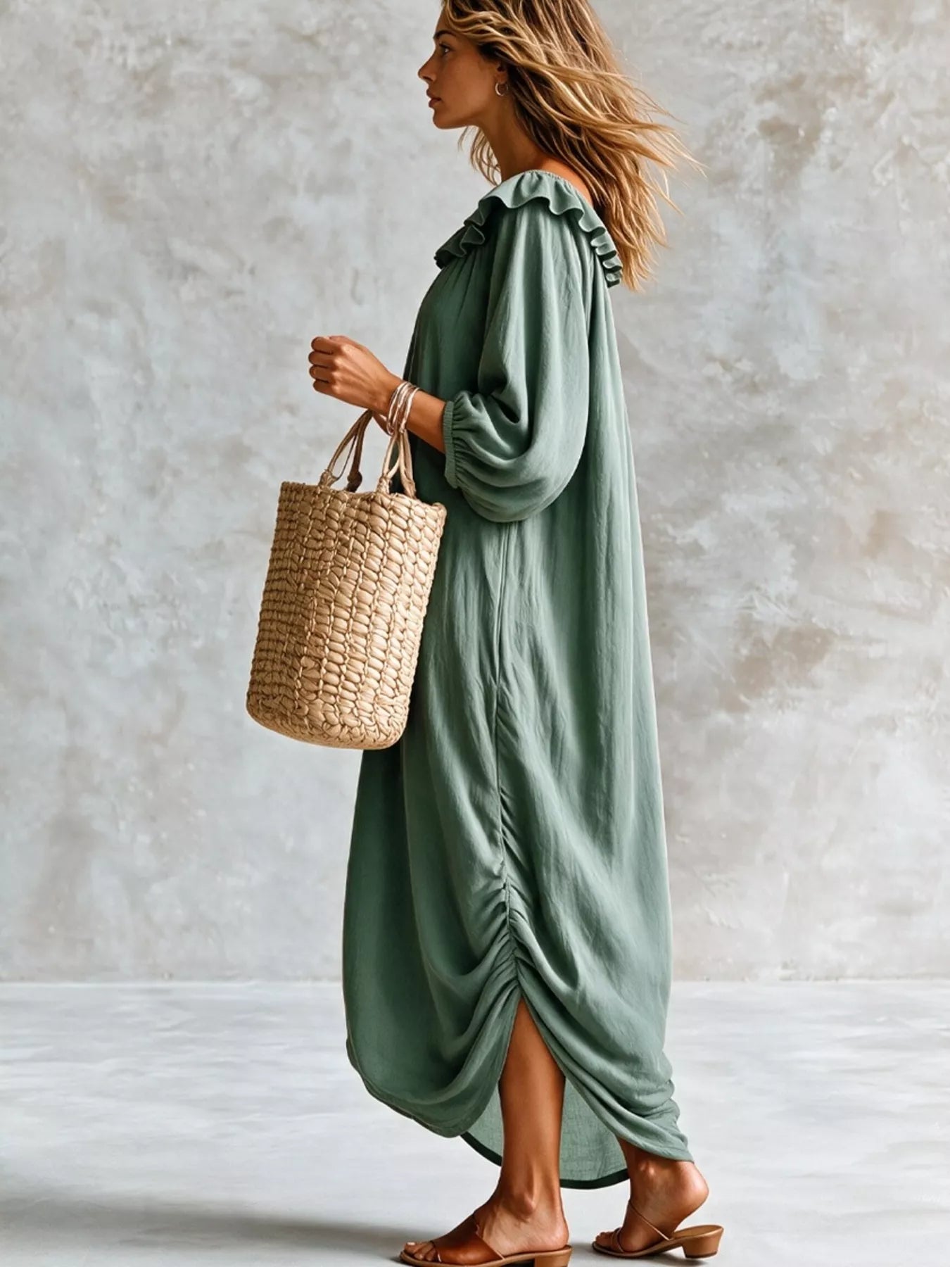 Trendsi Ruffled Boat Neck Ruched Midi Dress -