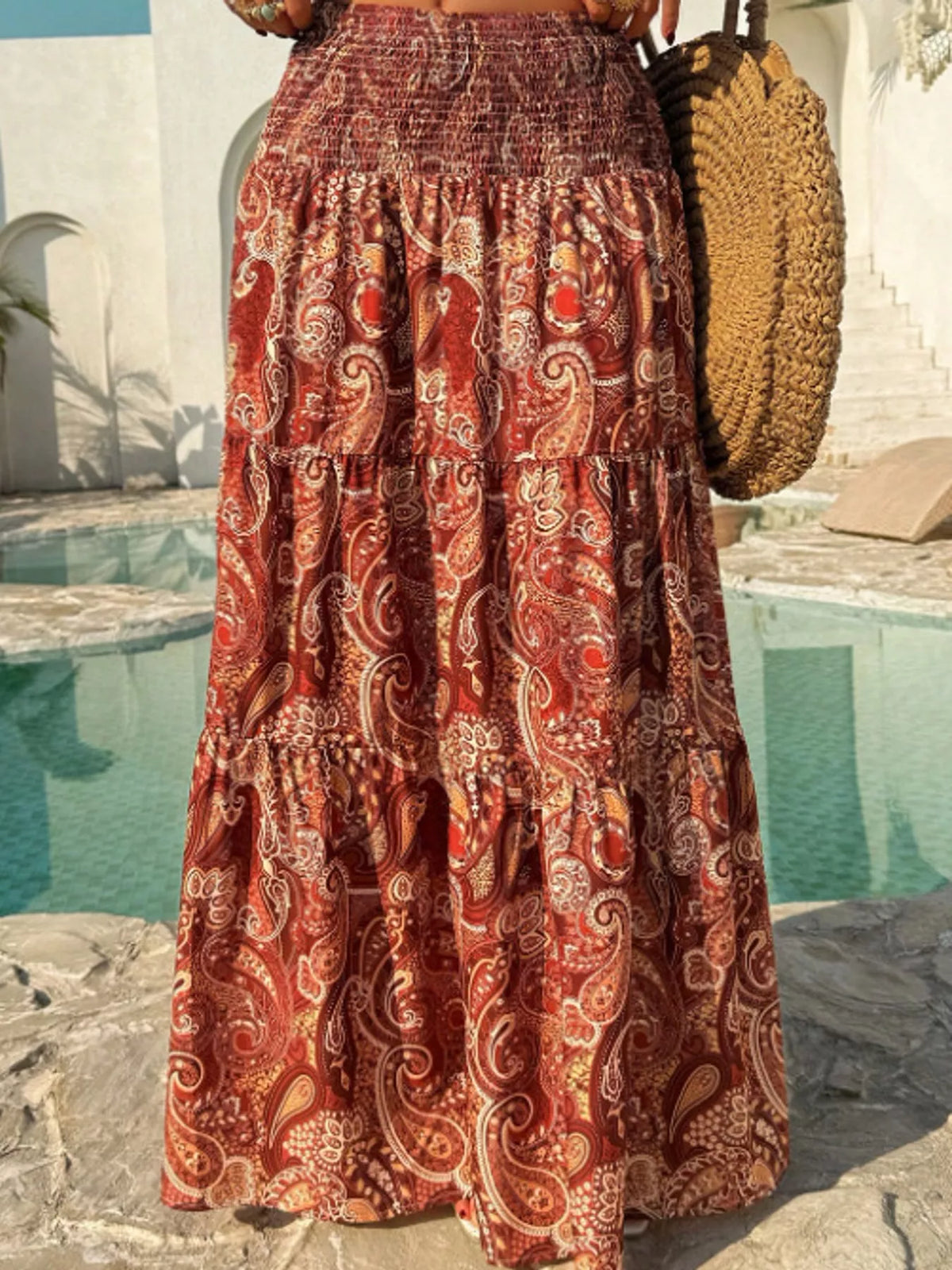 Women's Paisley Print Tiered Maxi Skirt in brown — front view