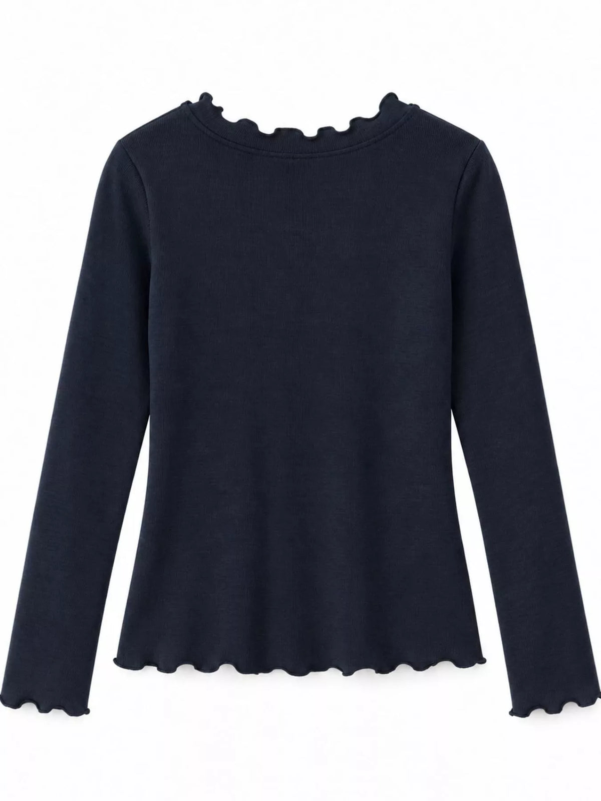 Long Sleeve Lettuce Edge Crew Neck T-Shirt, back view in black