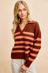 Trendsi BiBi Striped Sweater Top with Collar Stitched Details -