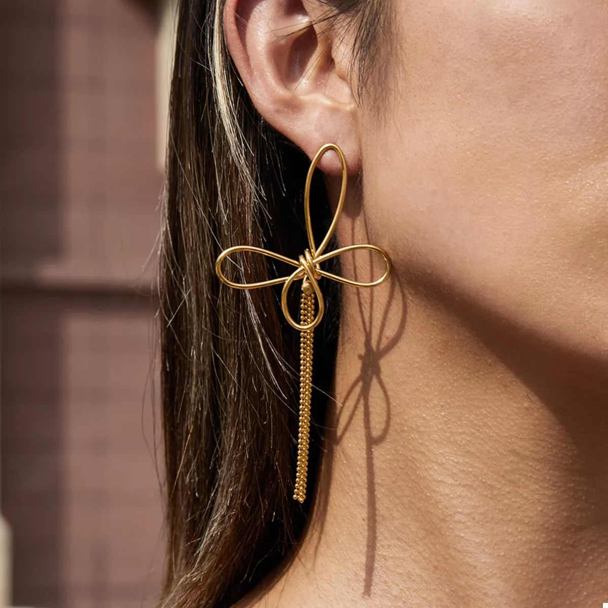 Trendsi 18K Gold-Plated Tassel Bow Earrings -